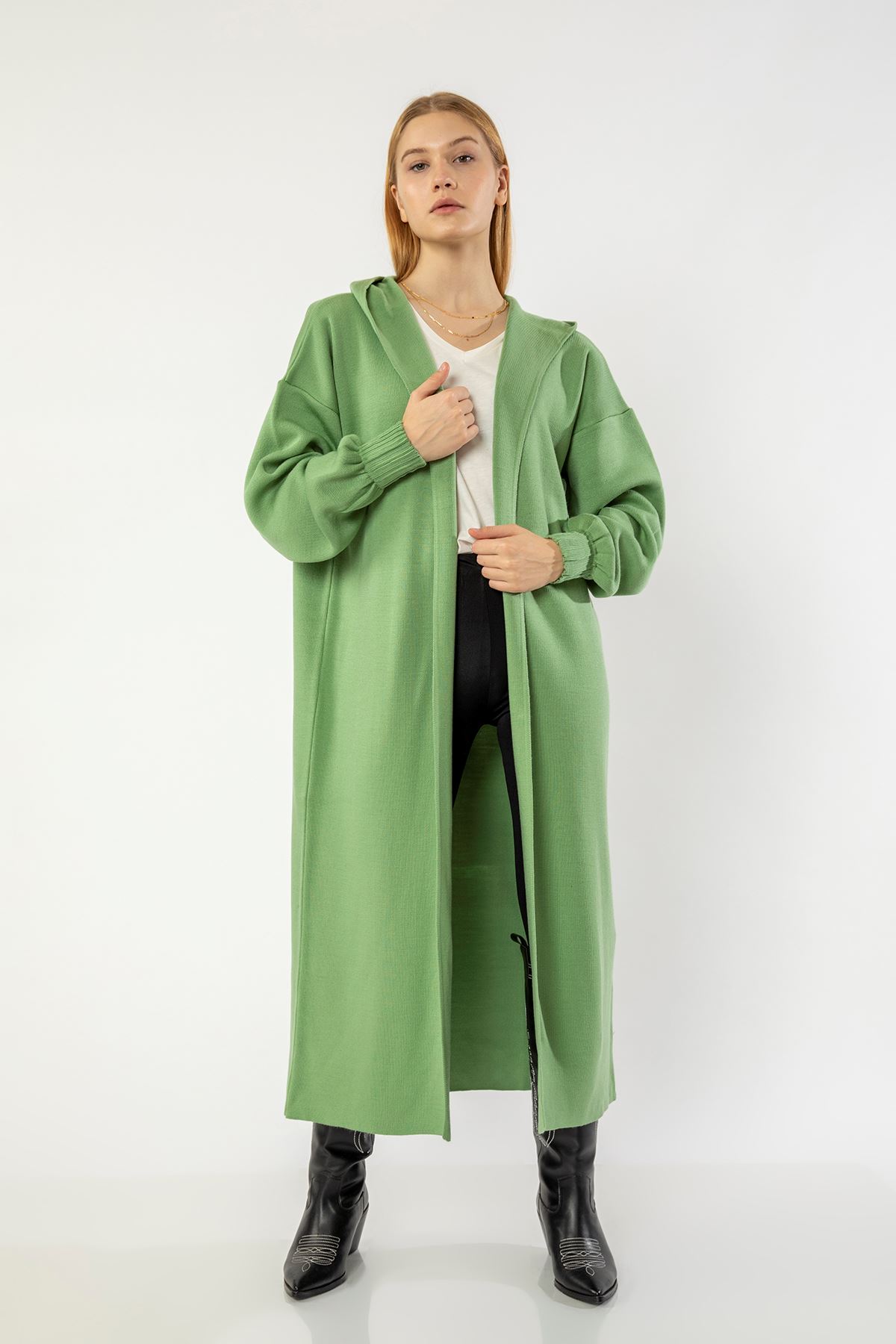трикотаж ткань с капишоном оверсайз / женский кофта - горчикновый зеленый 