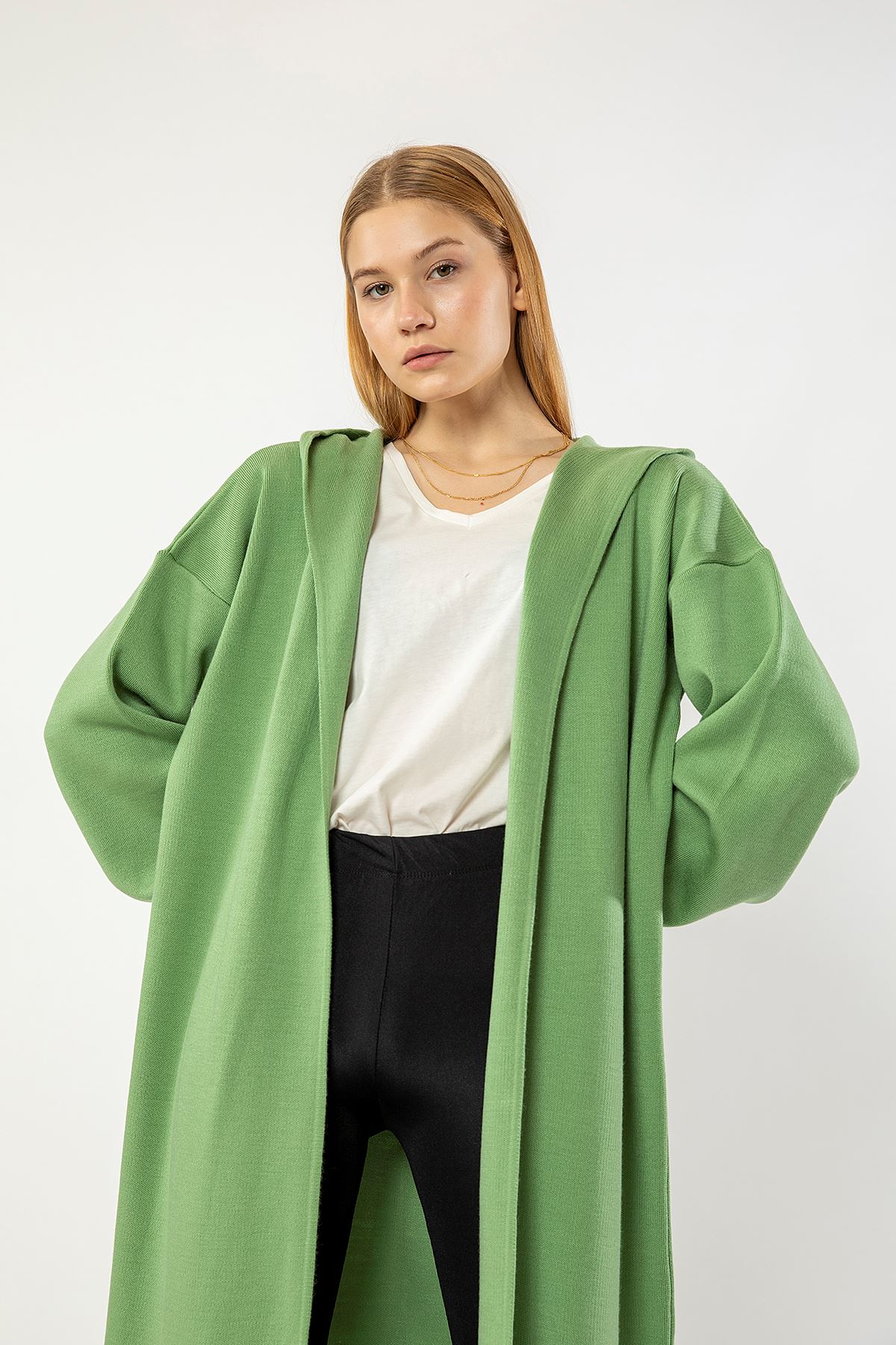 Knitwear Fabric Long Sleeve Hooded Long Oversize Women Cardigan With Belt - Mustard Green