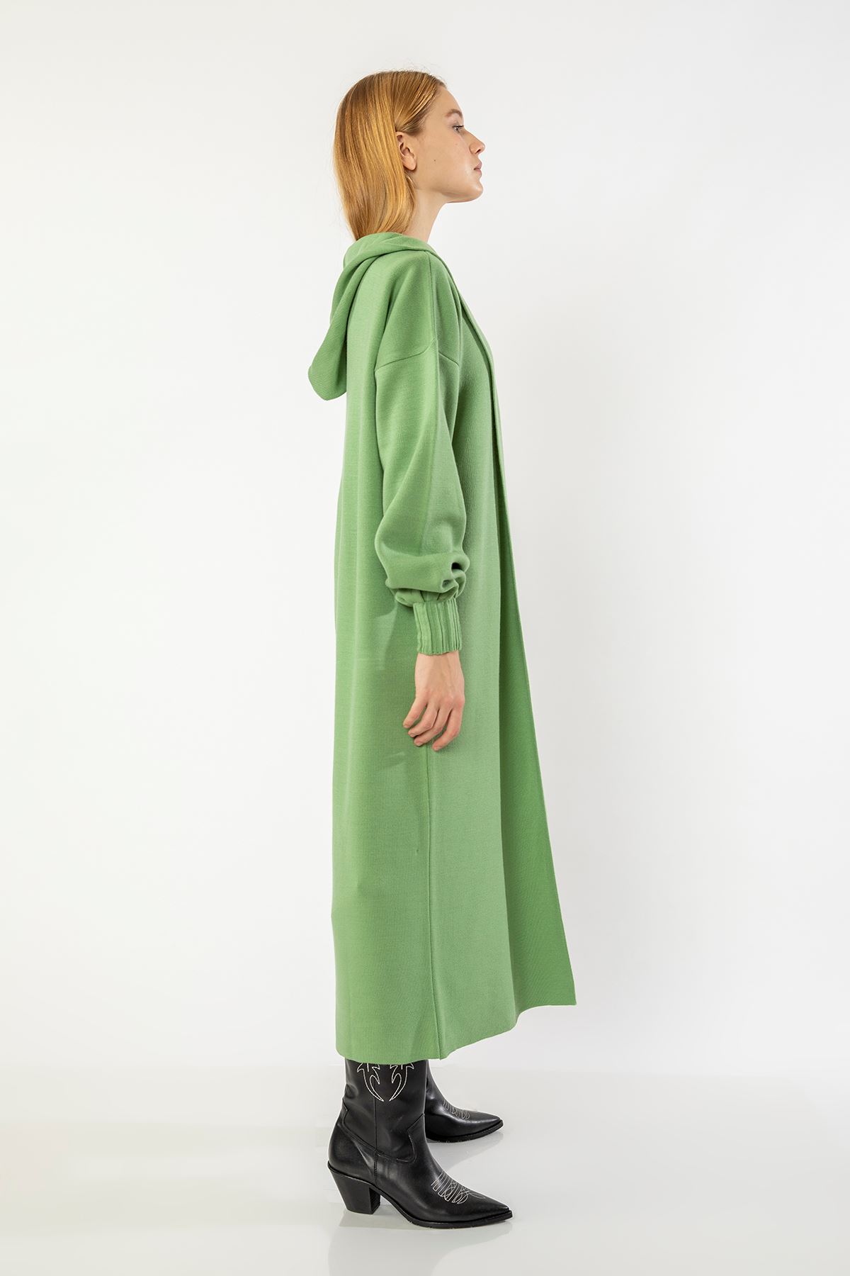 Knitwear Fabric Long Sleeve Hooded Long Oversize Women Cardigan With Belt - Mustard Green