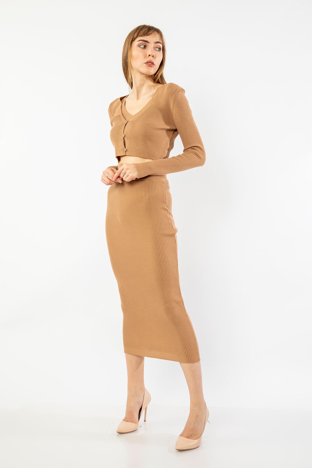 Knitwear Fabric Long Sleeve U-Neck Tight Fit Women'S Set - Light Brown