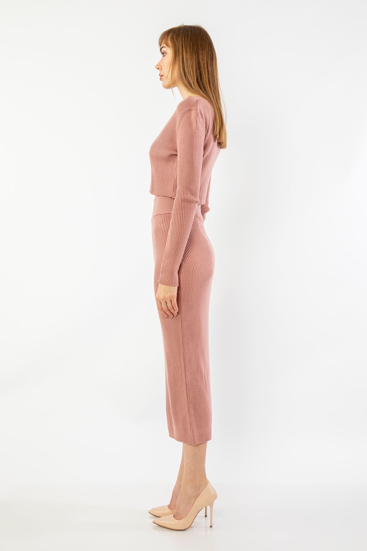 Knitwear Fabric Long Sleeve U-Neck Tight Fit Women'S Set - Light Pink