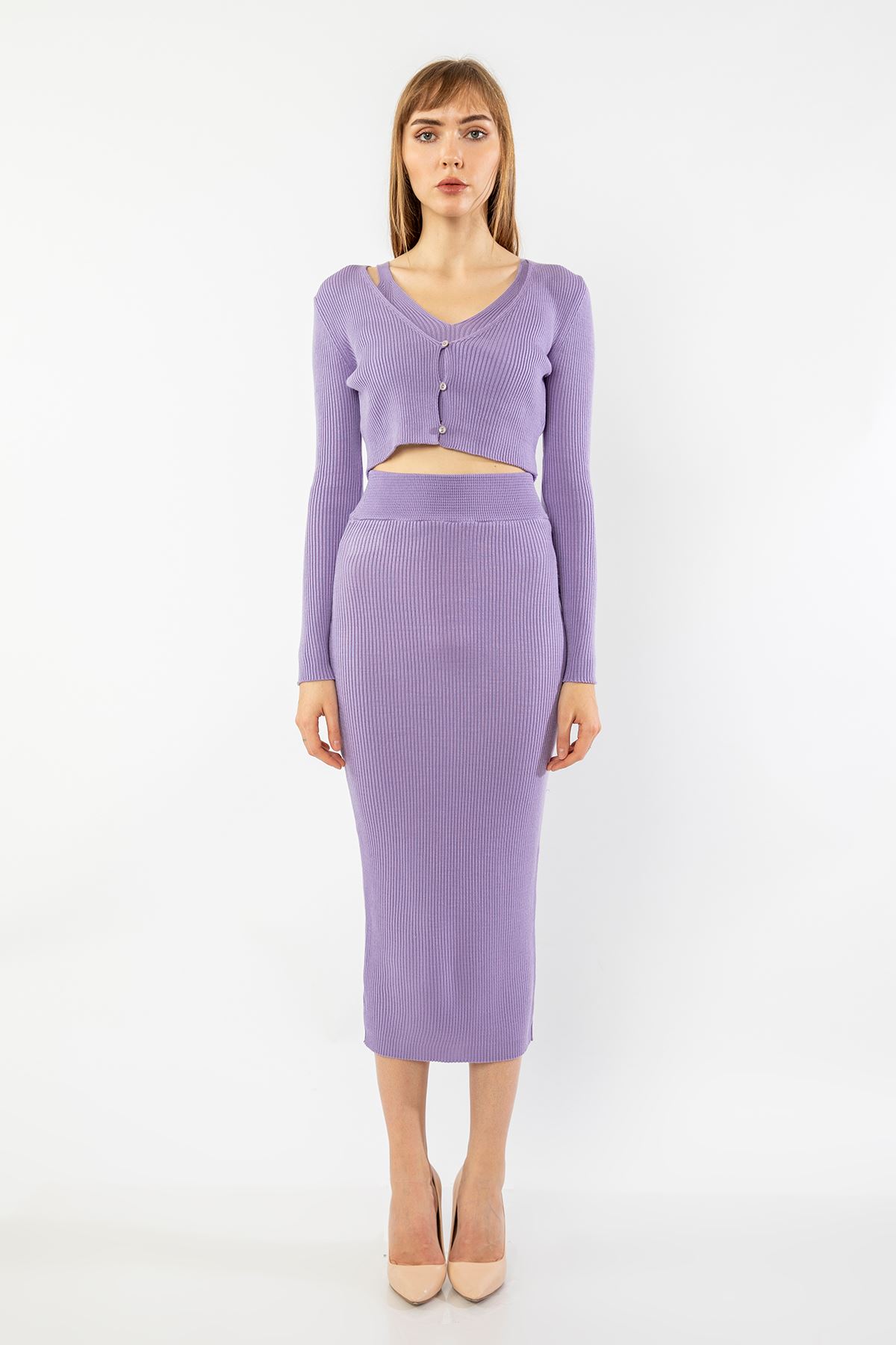 Knitwear Fabric Long Sleeve U-Neck Tight Fit Women'S Set - Lilac