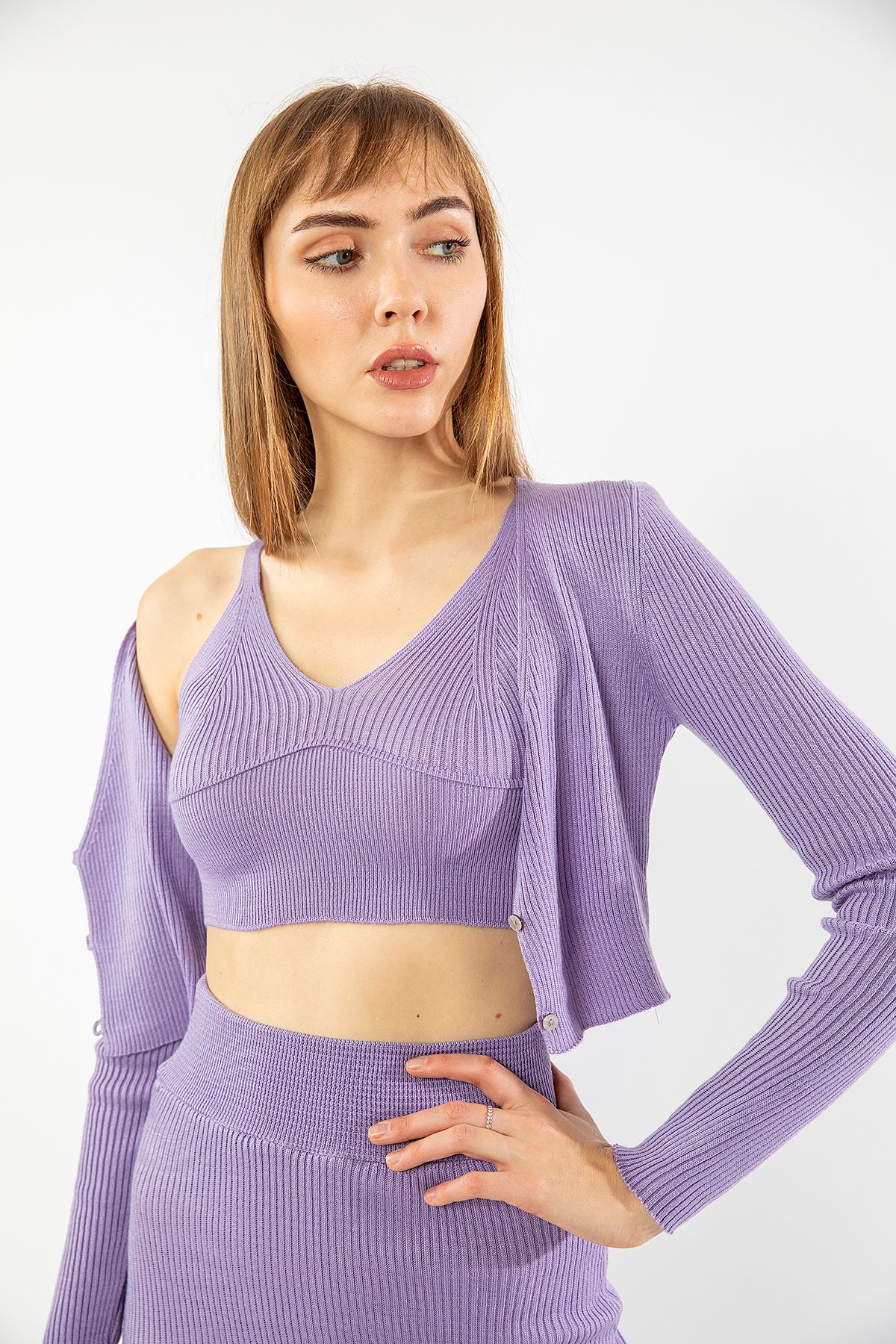 Knitwear Fabric Long Sleeve U-Neck Tight Fit Women'S Set - Lilac