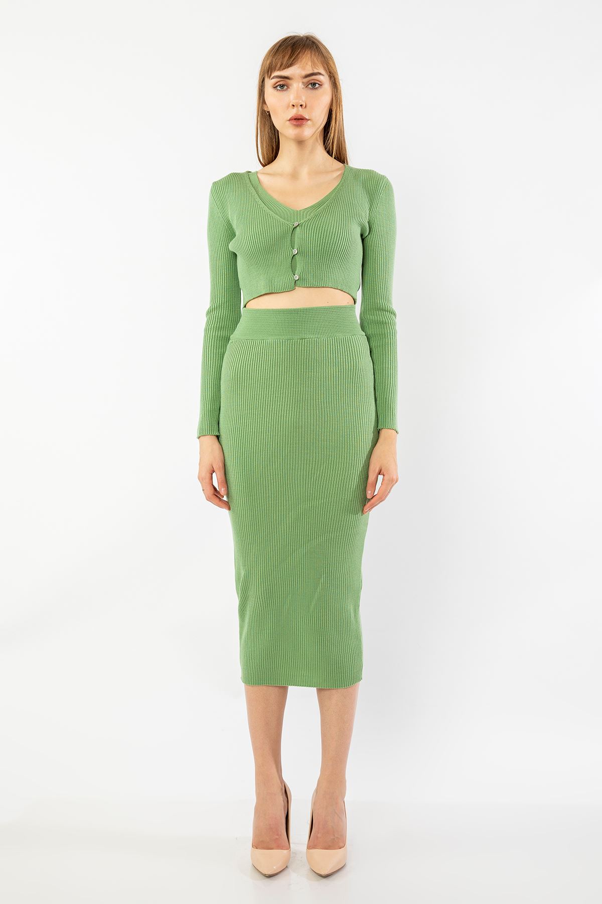 Knitwear Fabric Long Sleeve U-Neck Tight Fit Women'S Set - Mustard Green