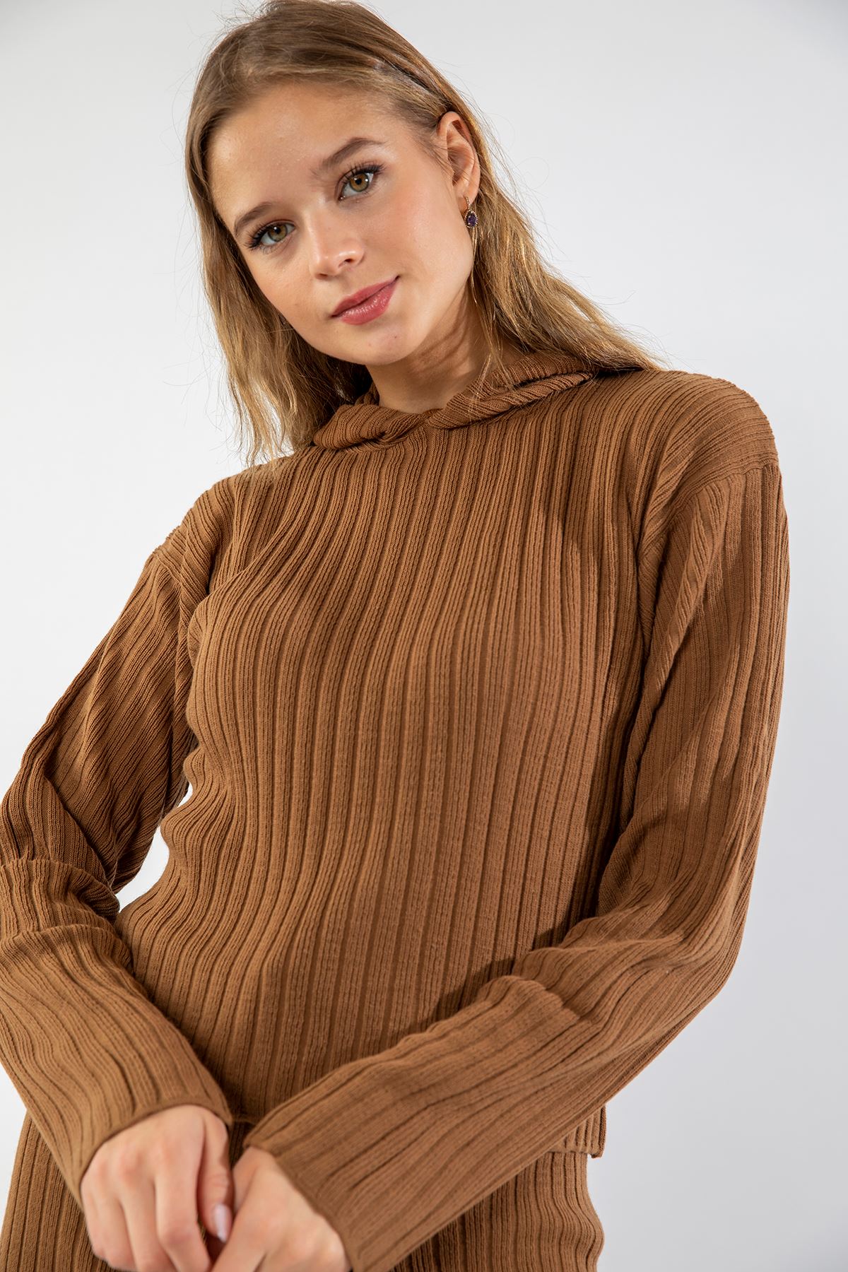 Knitwear Fabric Long Sleeve Hooded Women'S Set 2 Pieces - Brown