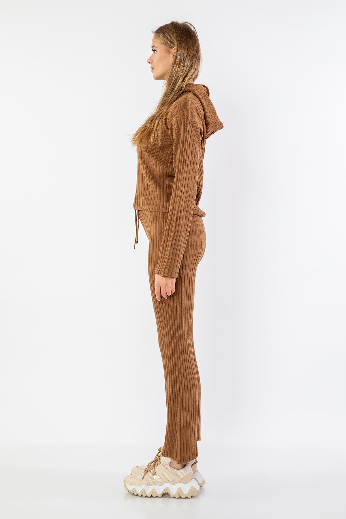 Knitwear Fabric Long Sleeve Hooded Women'S Set 2 Pieces - Brown