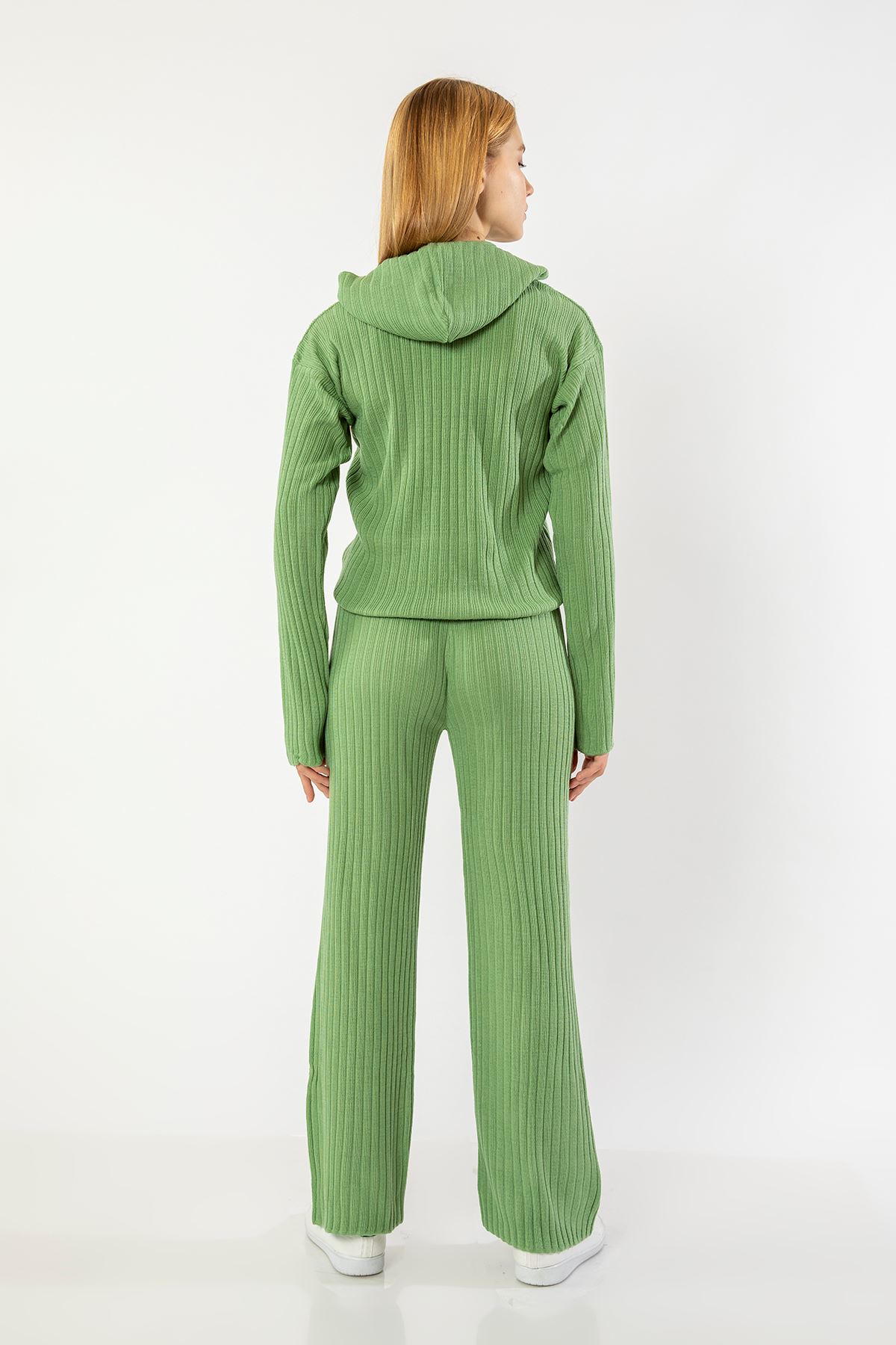 Knitwear Fabric Long Sleeve Hooded Women'S Set 2 Pieces - Mustard Green