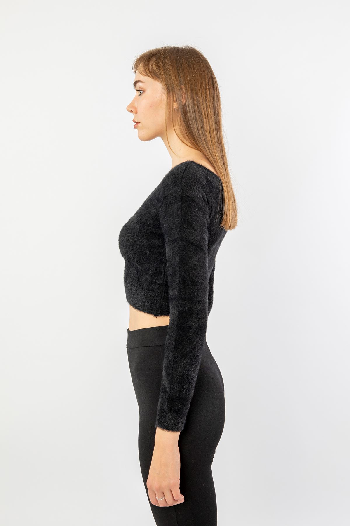 Knitwear Fabric Long Sleeve V-Neck Crop женский кроп-топ - Black