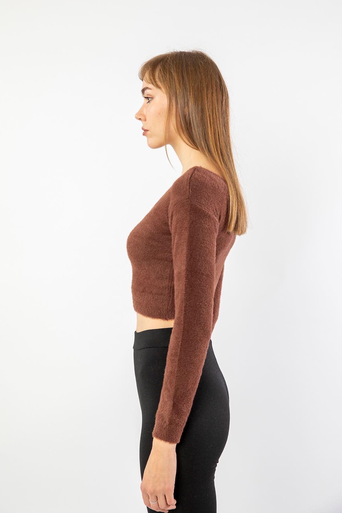 Knitwear Fabric Long Sleeve V-Neck Crop женский кроп-топ - Brown