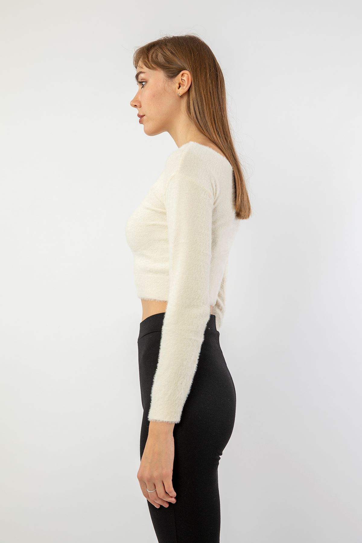 Knitwear Fabric Long Sleeve V-Neck Crop женский кроп-топ - Ecru