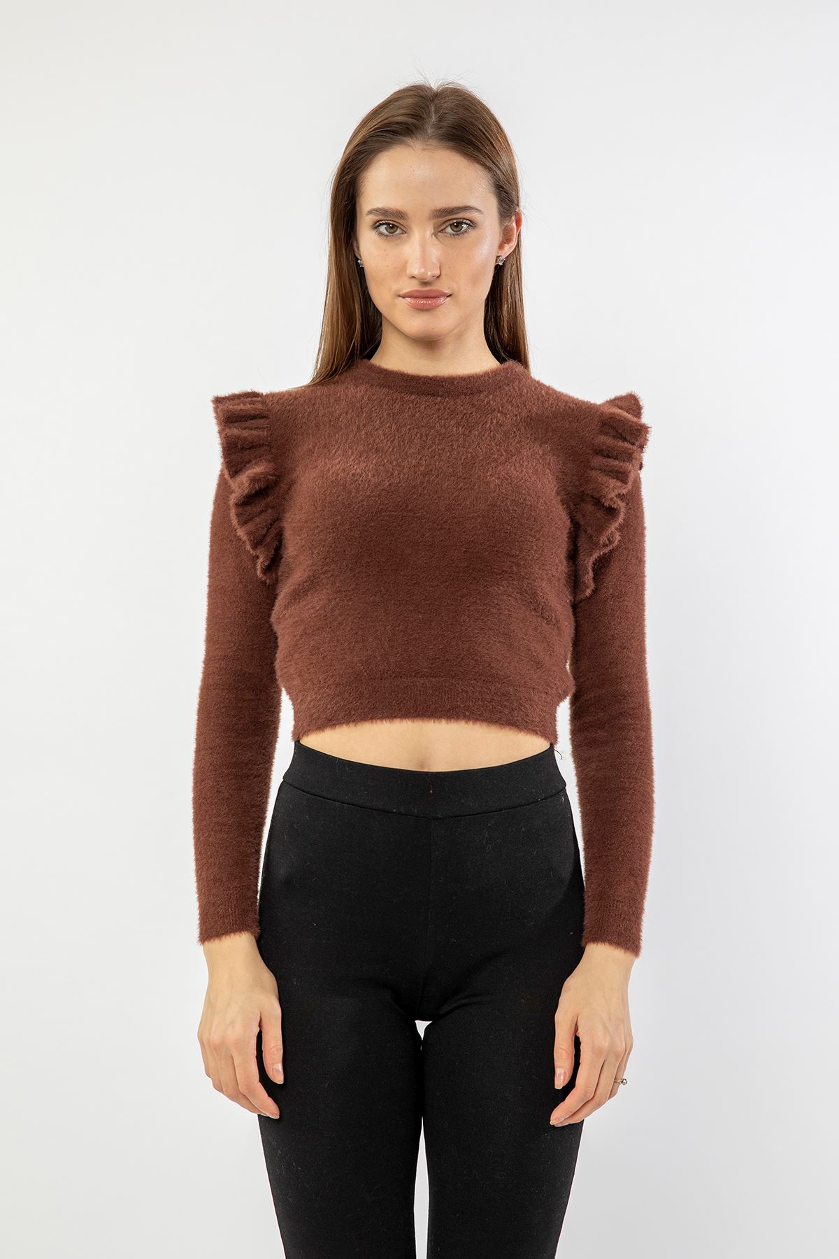 Jesica Fabric Long Sleeve Bicycle Collar Shoulder Detailed Women Sweater - Brown