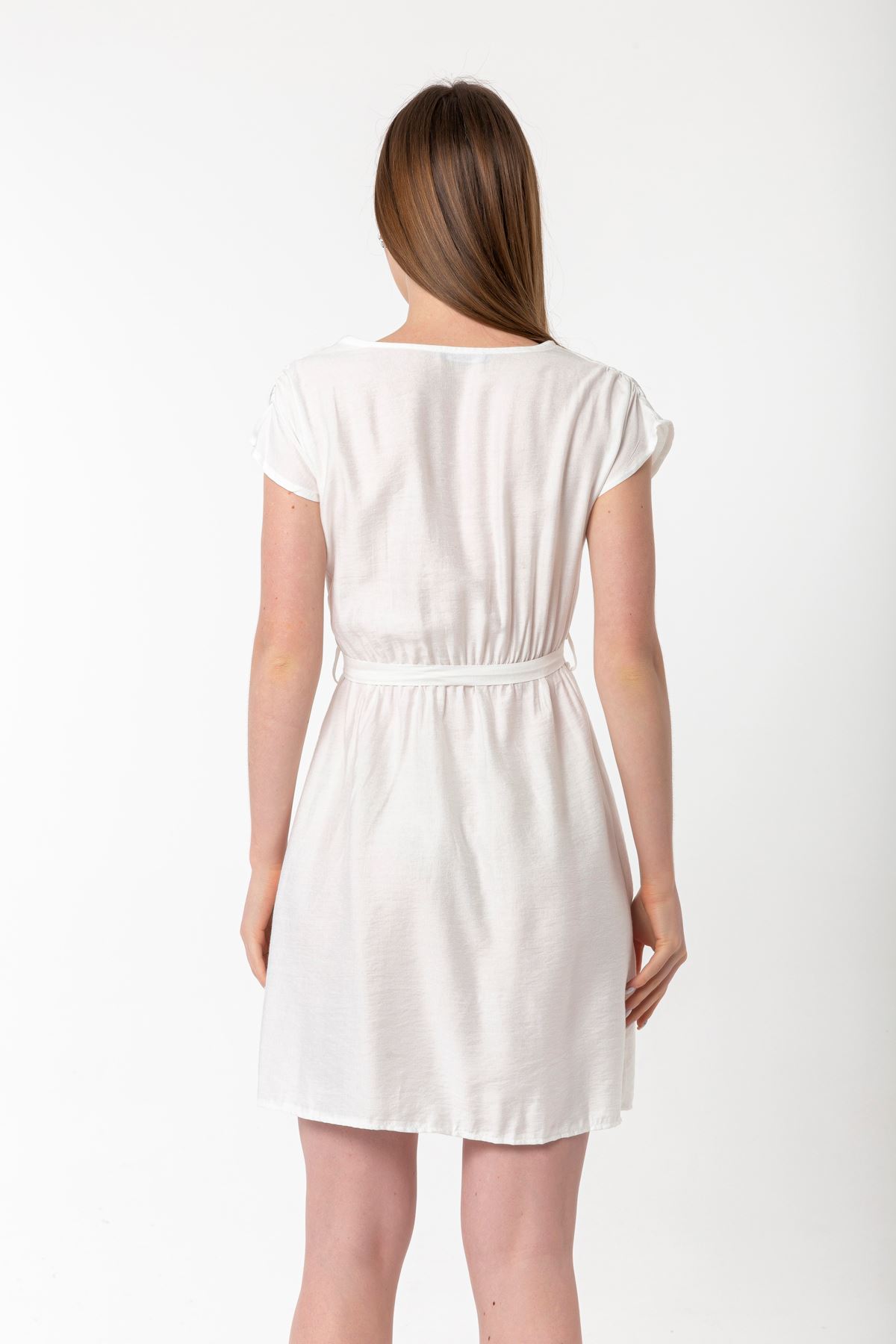 Linen Fabric Short Sleeve V-Neck Comfy Fit Women Dress - Ecru
