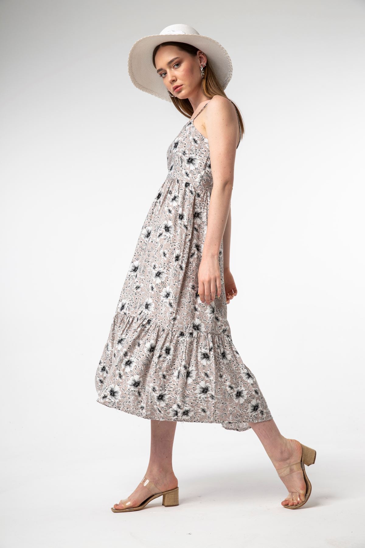 Brocade Fabric Straped Floral Print Hanging Rope Women Dress - Chanterelle 