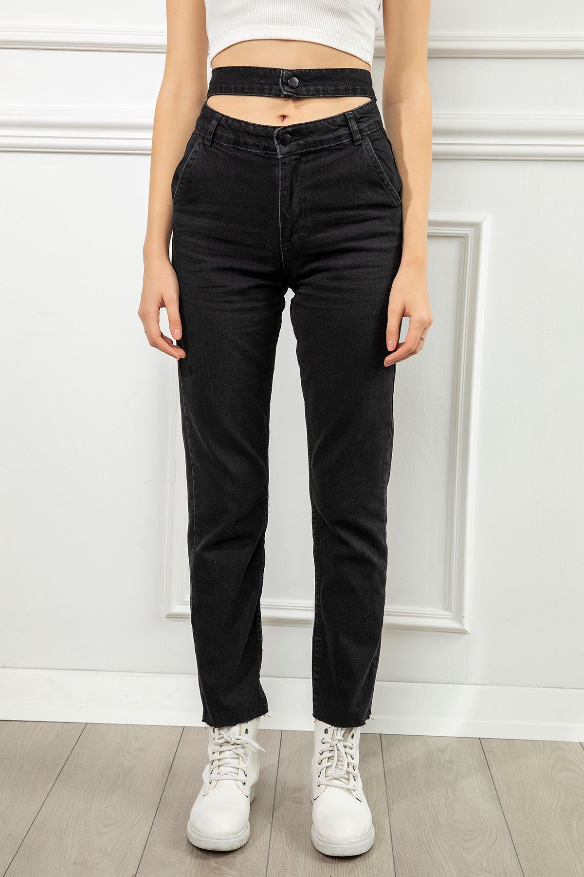 джинсовый ткань мом фит Женские брюки с двойным ремнем - Чёрный