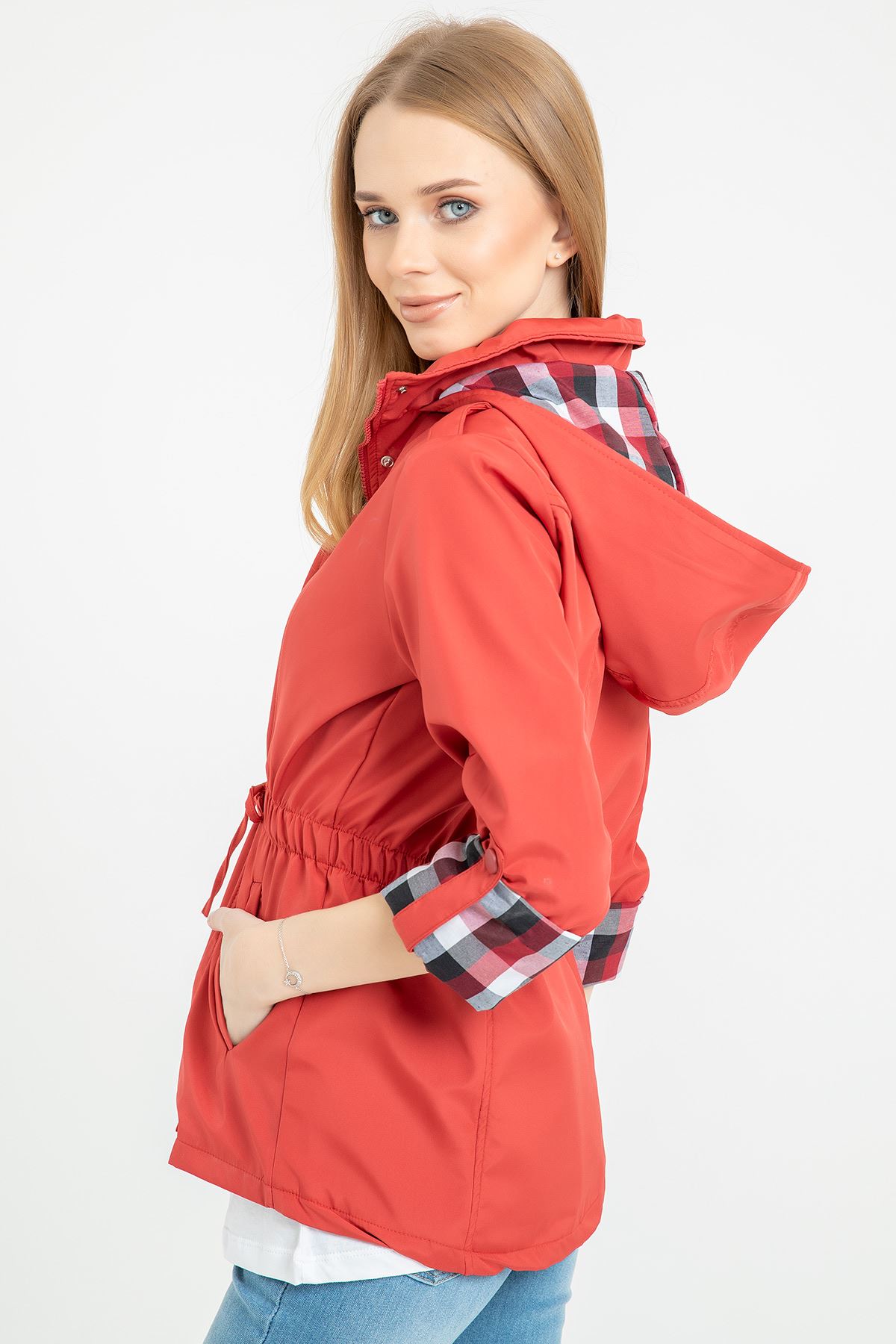 Fold Sleeve Zip Neck Hip Height Women Raincoat - Pomegrante Flower