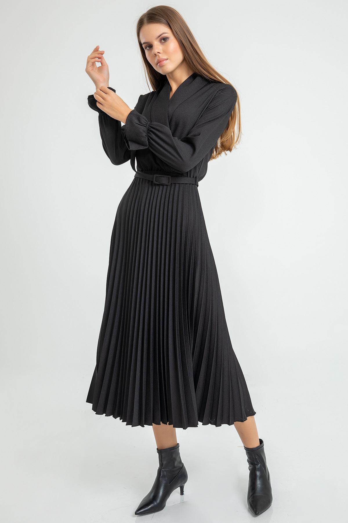 Женское плиссированное платье из полиэстера на запах длина - Чёрный