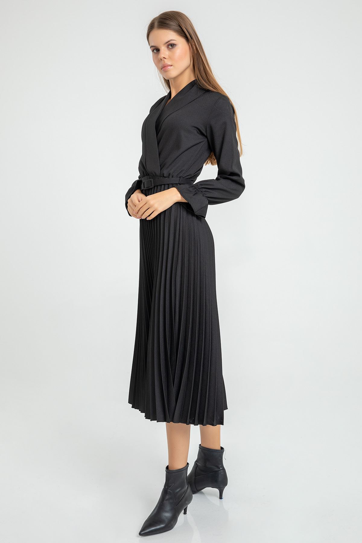 Женское плиссированное платье из полиэстера на запах длина - Чёрный