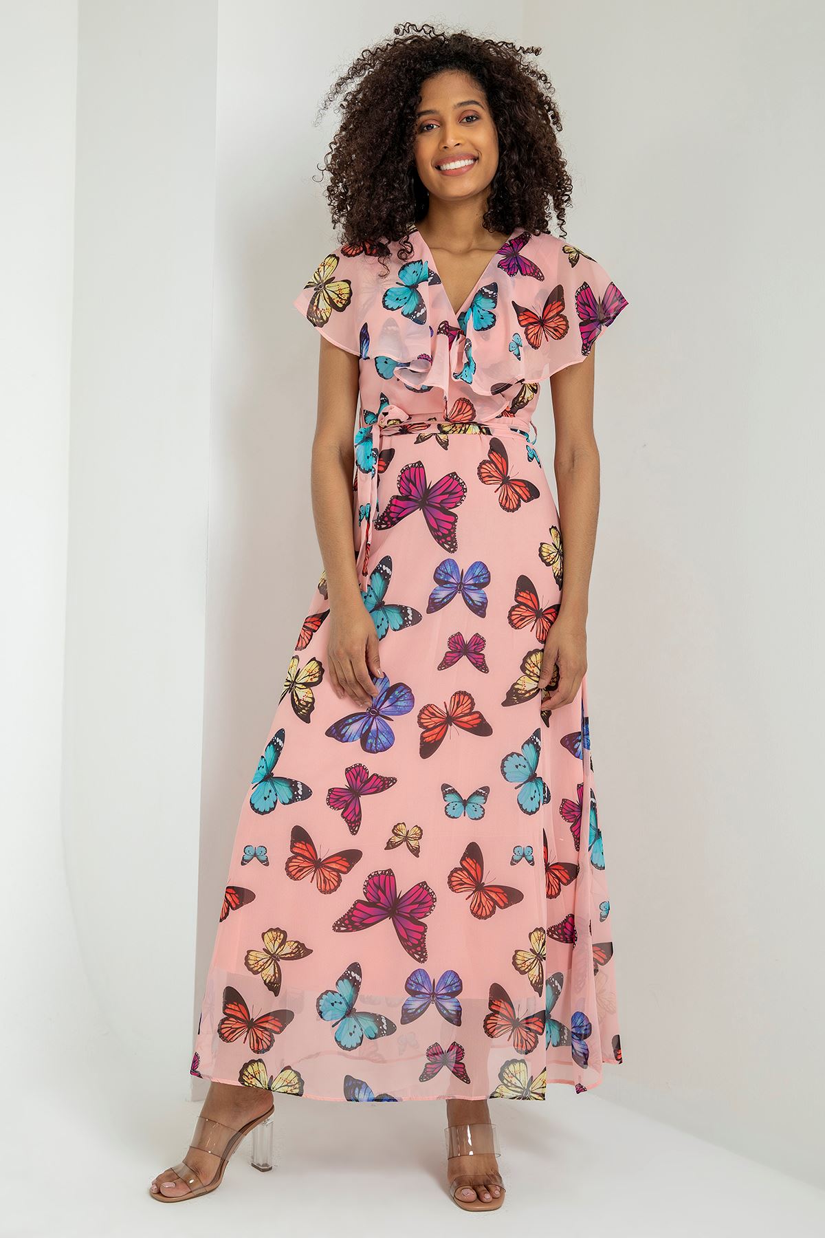 Женское шифоновое платье принтбабочки с V образным вырезом - Светло розовый