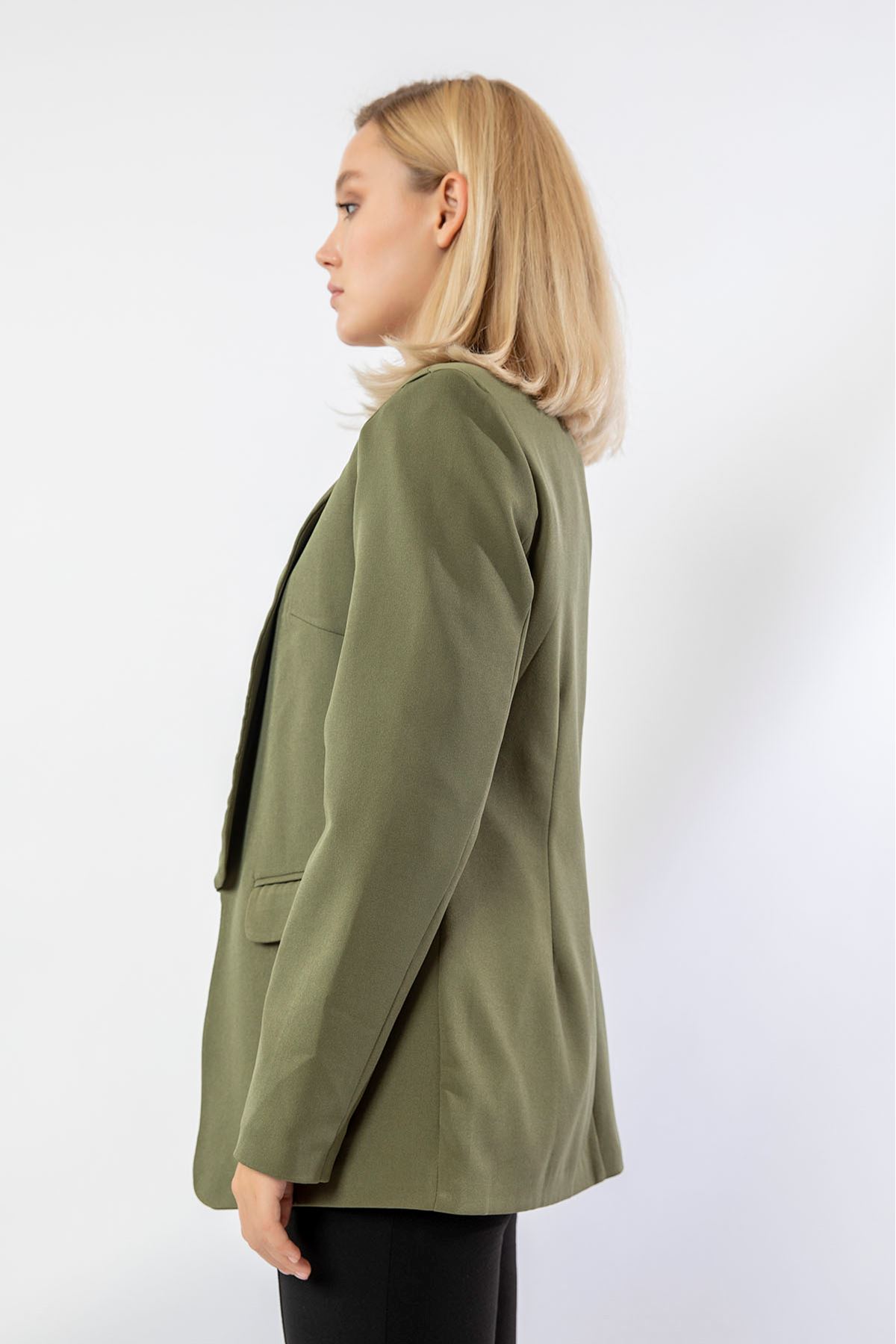 Atlas Fabric Long Sleeve Shawl Collar Blazer Women Jacket - Khaki 