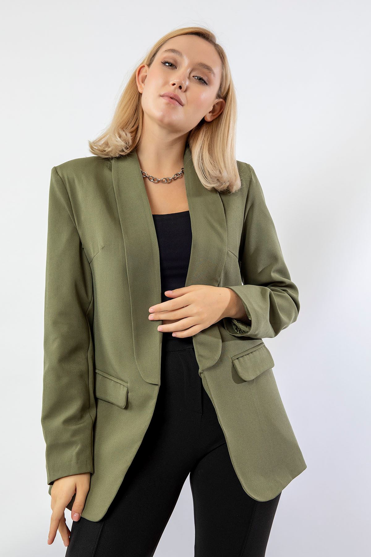 Atlas Fabric Long Sleeve Shawl Collar Blazer Women Jacket - Khaki 