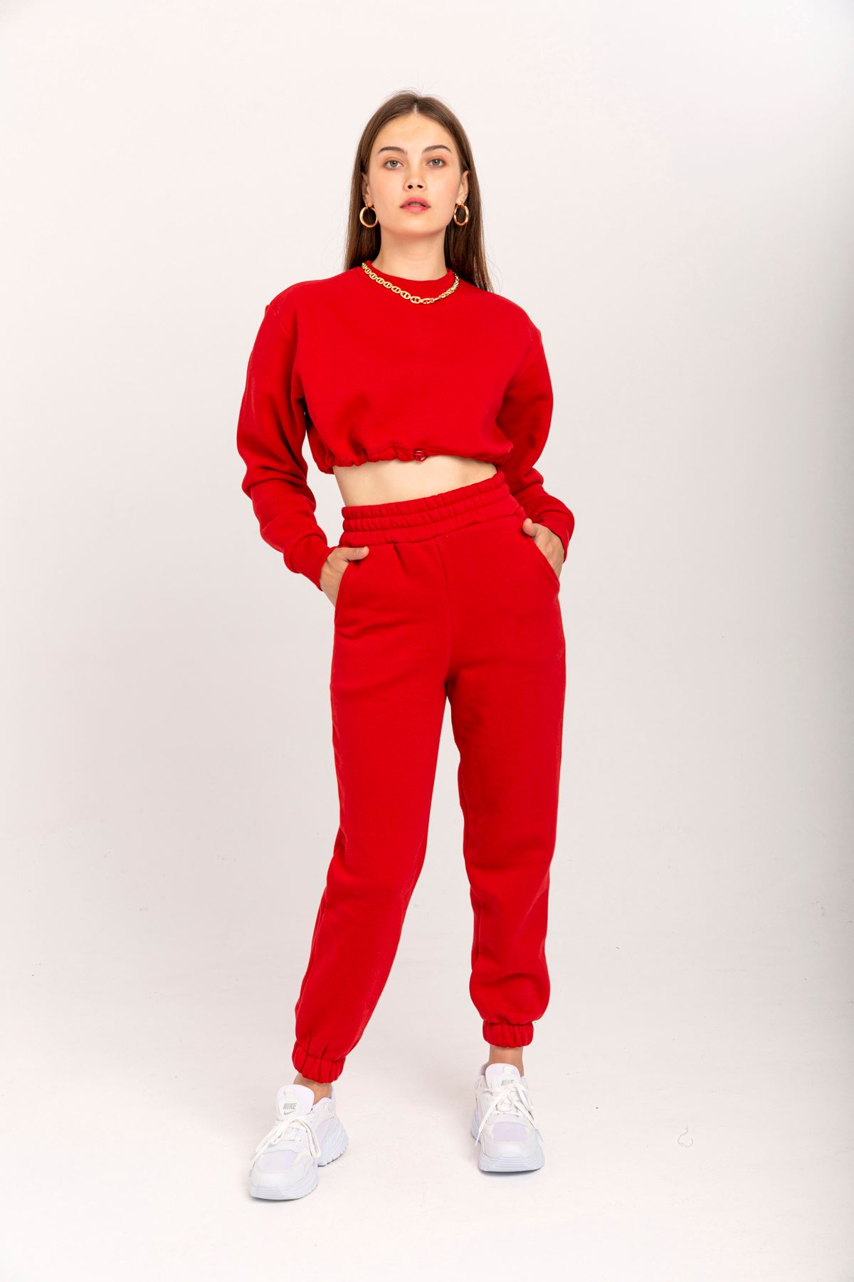 3 İplik Kumaş Uzun Boy Rahat Kalıp Paçası Lastikli Kadın Pantolon-Kırmızı