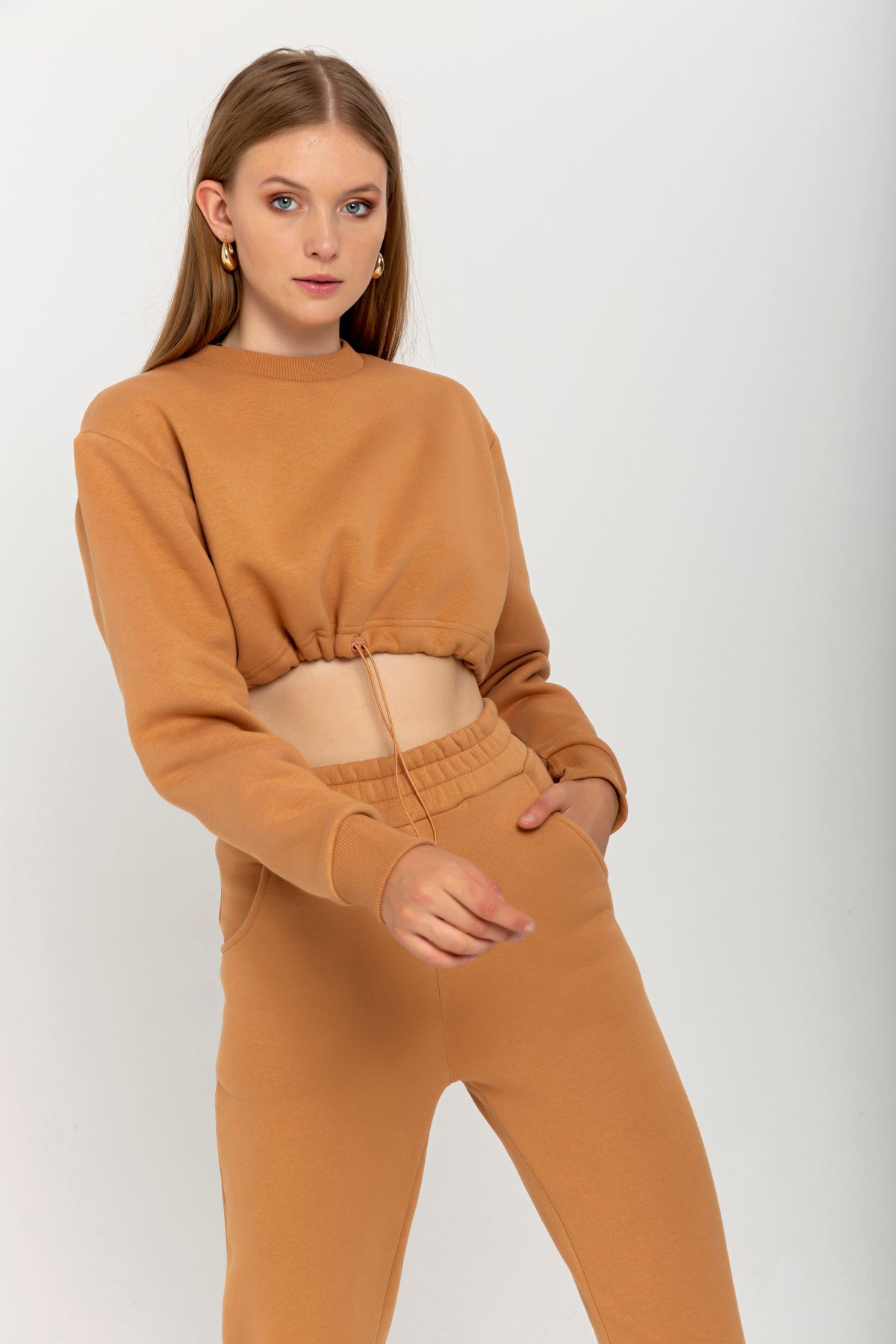 Third Knit With Wool İnside Fabric Long Sleeve Hooded Women Sweatshirt - Light Brown