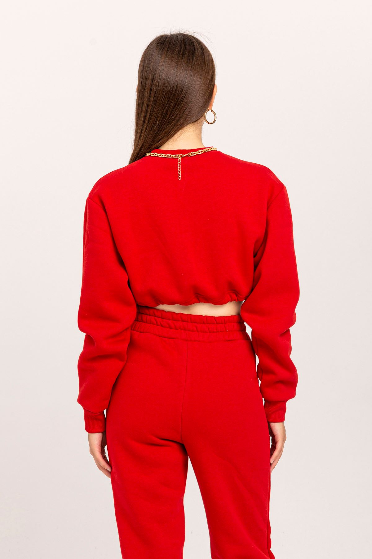 Şardonlu 3 İplik Kumaş Uzun Kol  Kadın Sweatshirt-Kırmızı