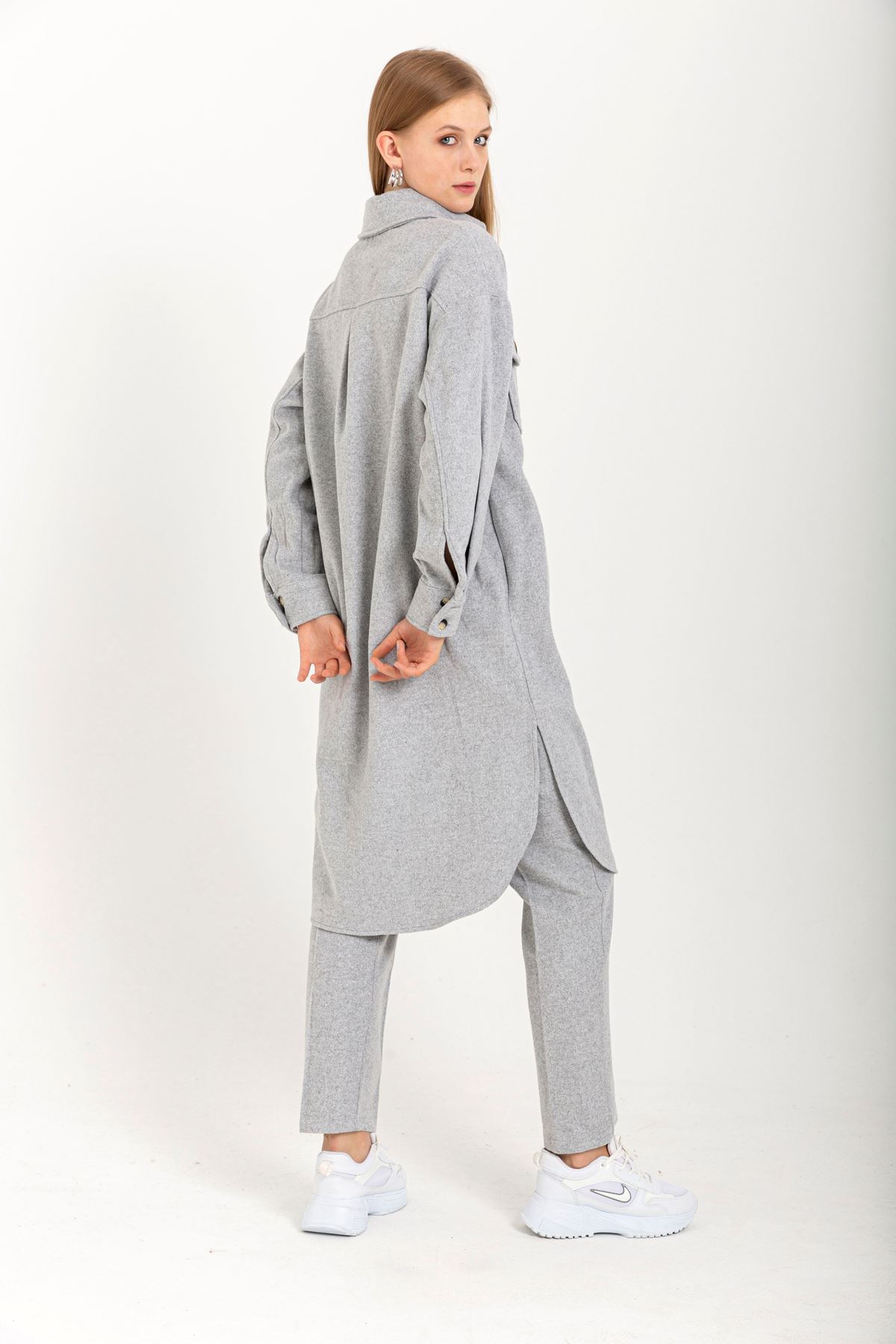 Long Sleeve Shirt Collar Midi Women'S Shirt - Grey