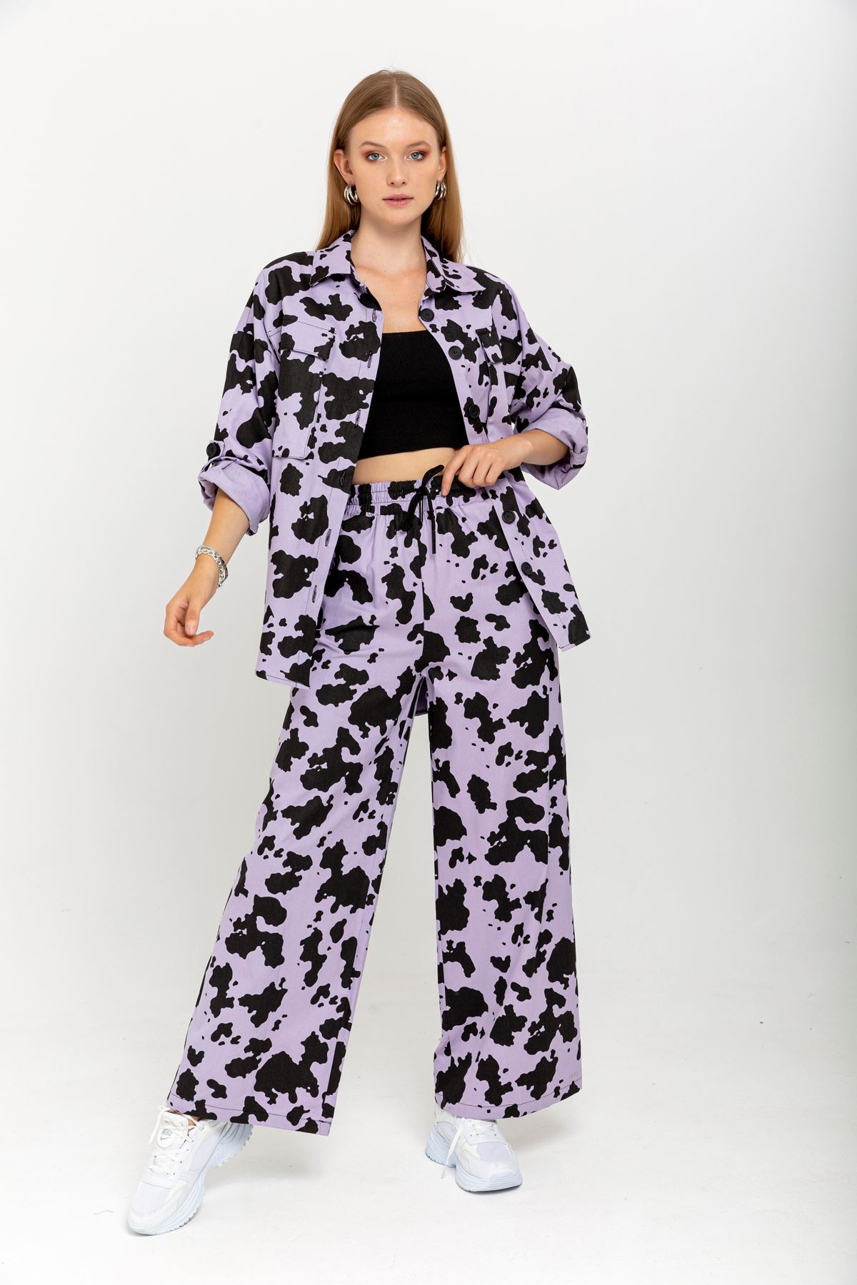 Gabardine Fabric Long Sleeve Shirt Collar Oversize Cow Print Women Jacket - Lilac