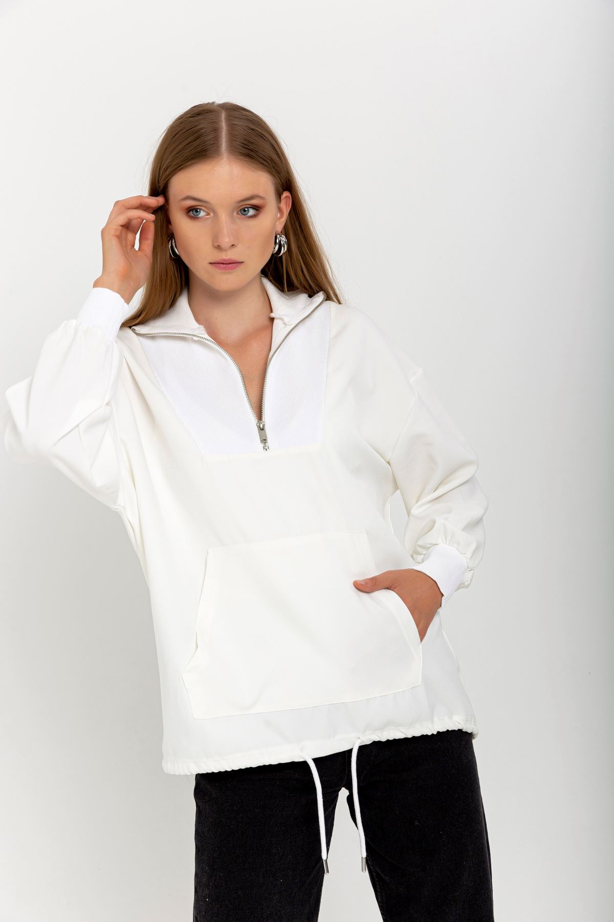 Atlas Fabric Zip Neck Hip Height Kangaroo Pocket Women Sweatshirt - Ecru