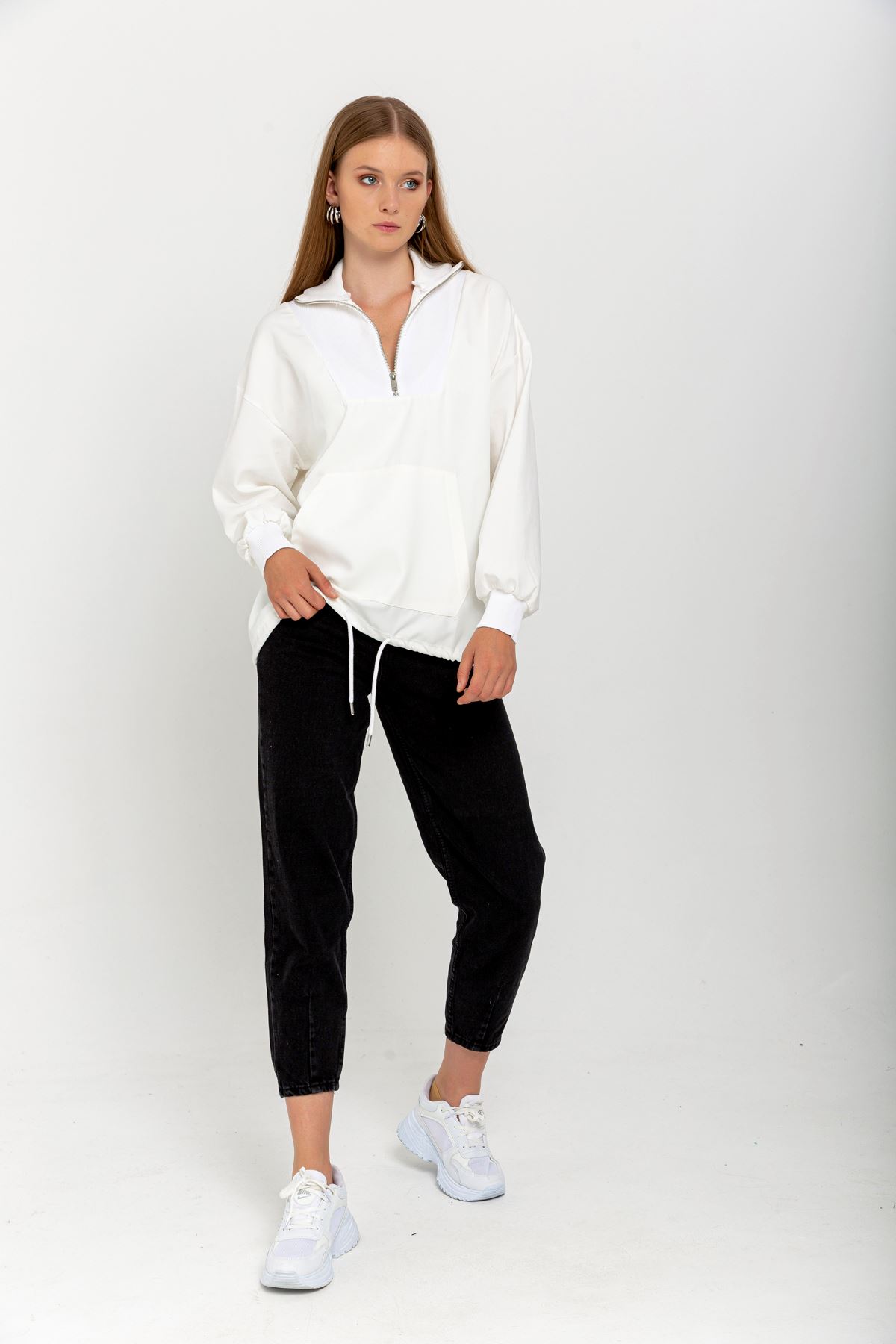 Atlas Fabric Zip Neck Hip Height Kangaroo Pocket Women Sweatshirt - Ecru