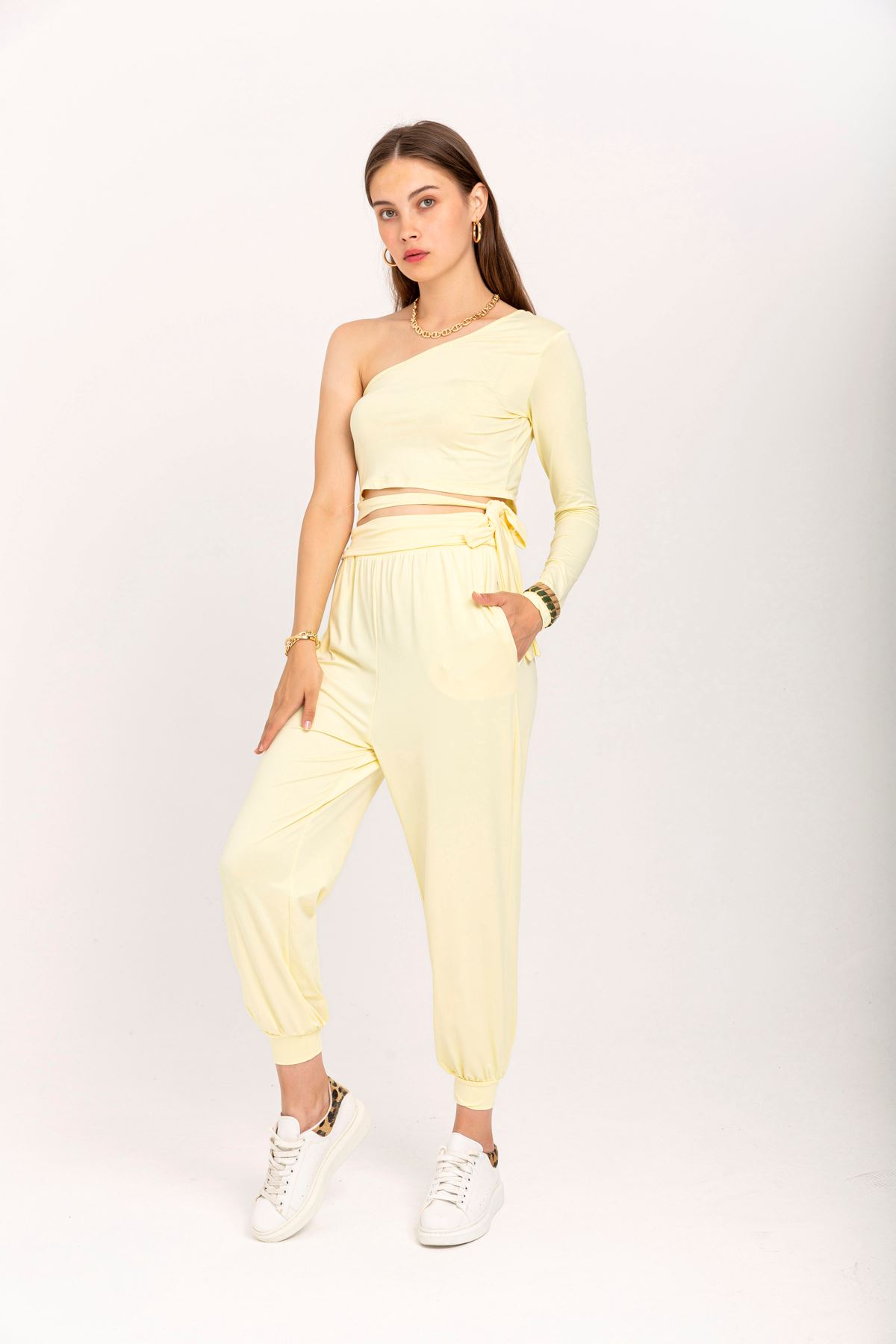 Scuba Fabric Tight Fit Asymmetrical Women'S Set 2 Pieces - Yellow