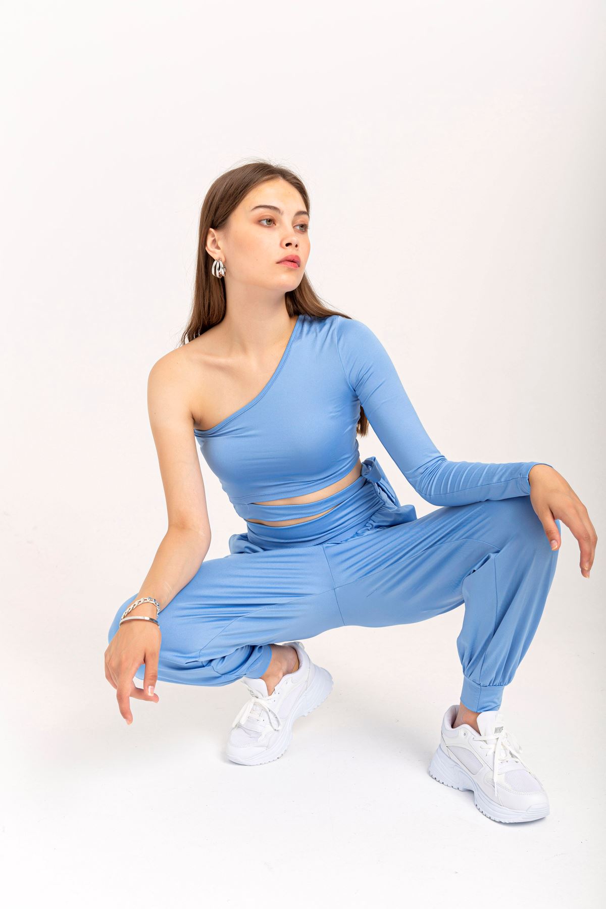 Scuba Fabric Tight Fit Asymmetrical Women'S Set 2 Pieces - Blue