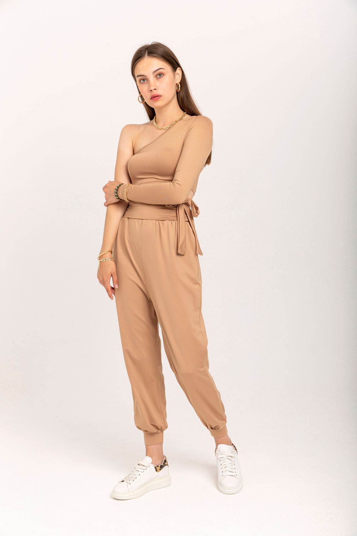 Scuba Fabric Tight Fit Asymmetrical Women'S Set 2 Pieces - Light Brown