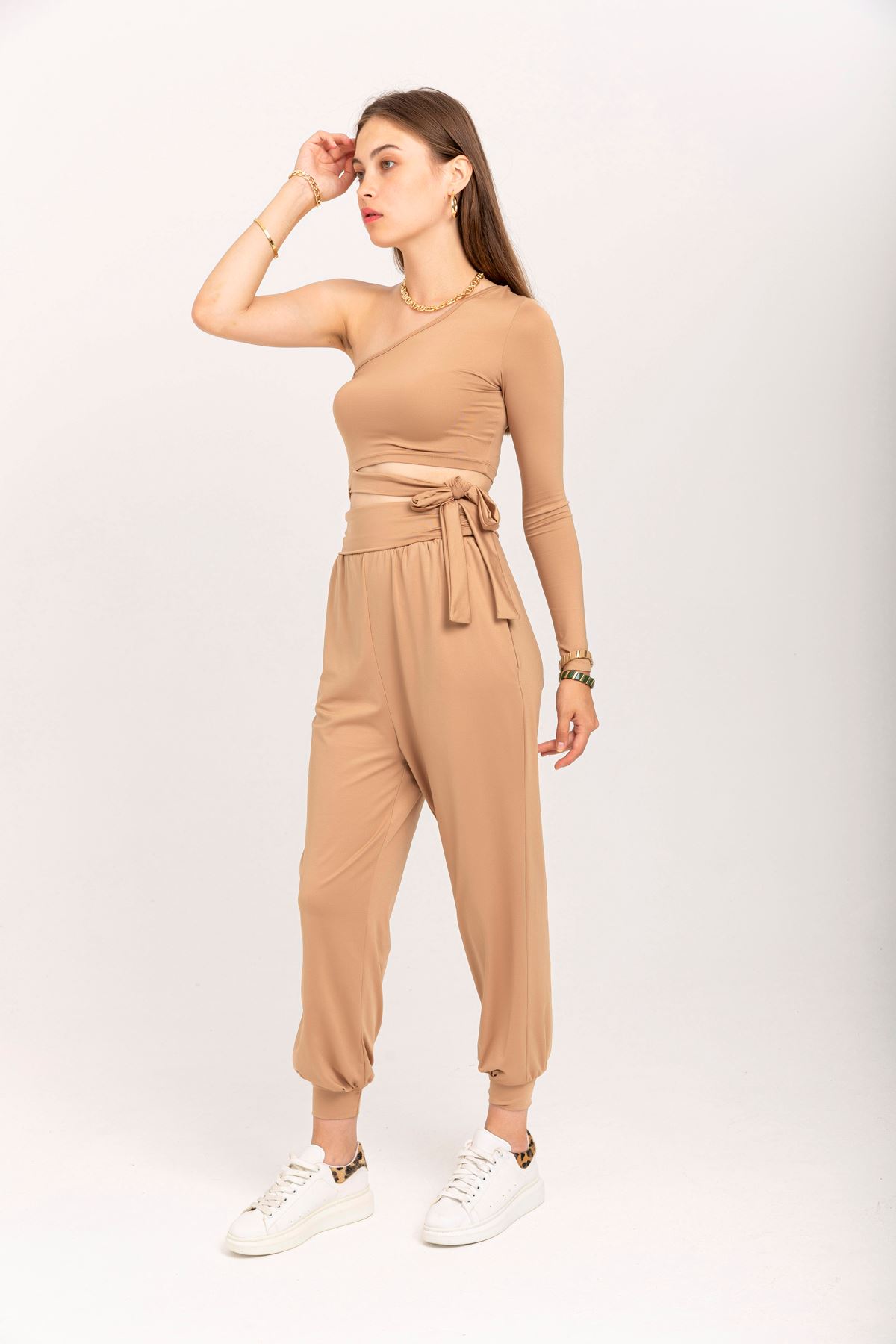 Scuba Fabric Tight Fit Asymmetrical Women'S Set 2 Pieces - Light Brown