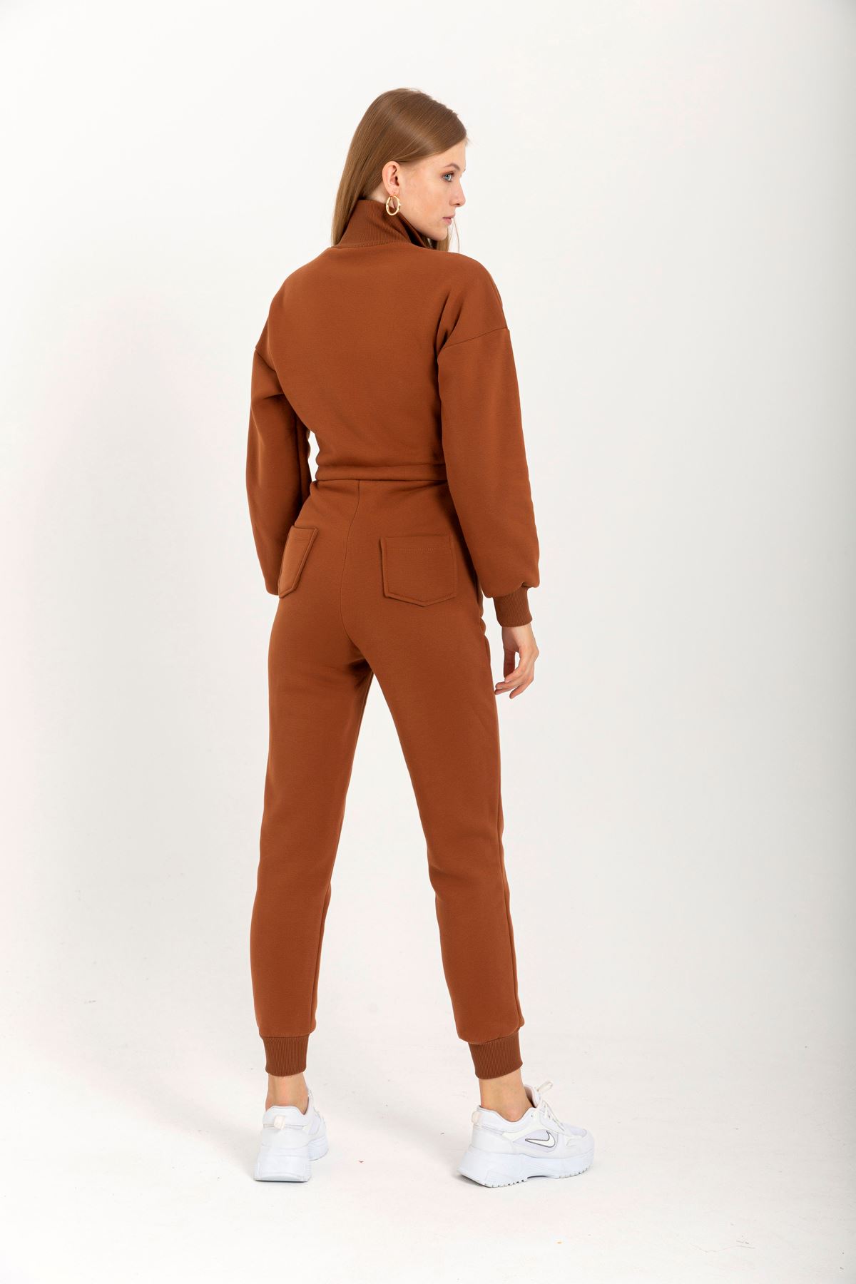 Third Knit Fabric Long Sleeve Roll Neck Tight Fit Zip Women Overalls - Brown
