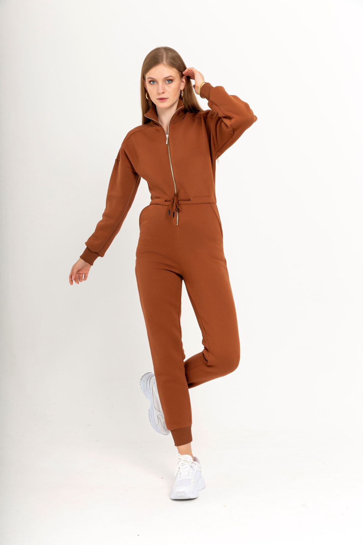 Third Knit Fabric Long Sleeve Roll Neck Tight Fit Zip Women Overalls - Brown