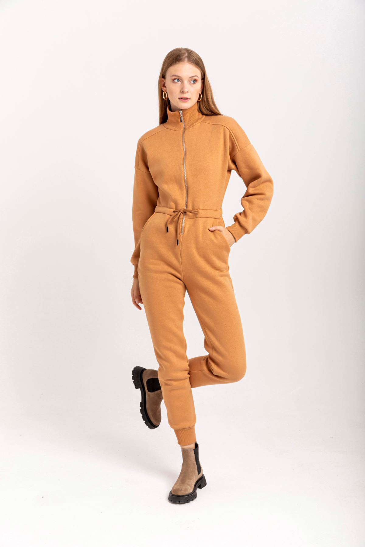 Third Knit Fabric Long Sleeve Roll Neck Tight Fit Zip Women Overalls - Light Brown