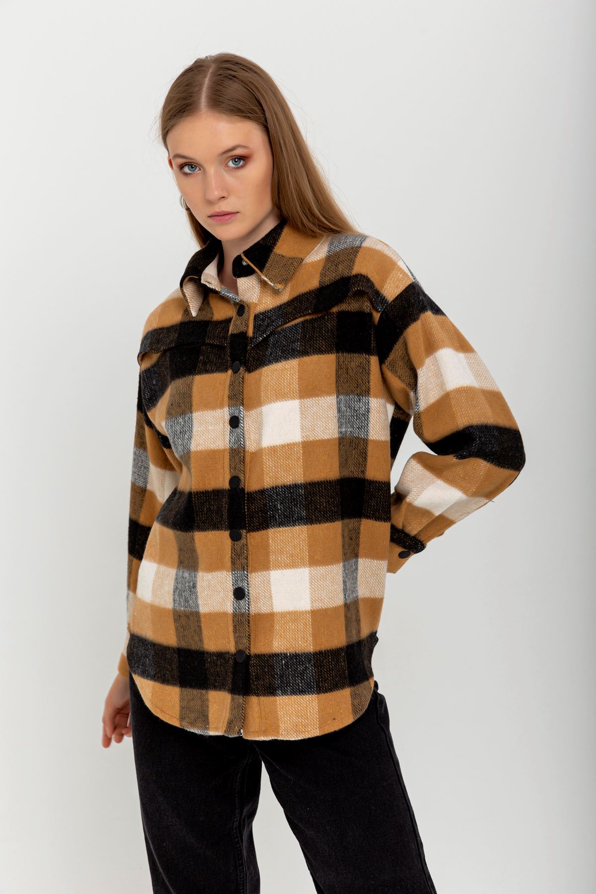Lumberjack Fabric Long Sleeve Hip Height Oversize Striped Women'S Shirt - Light Brown