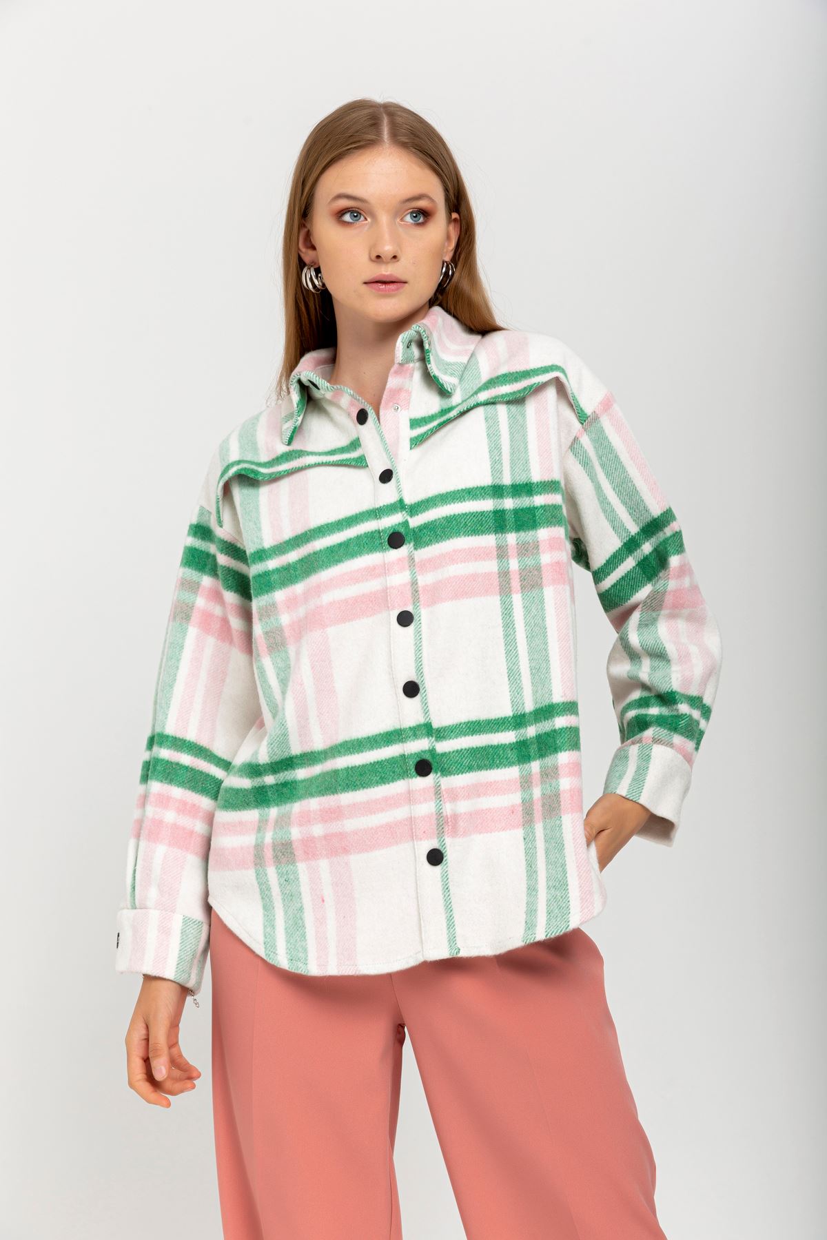 Lumberjack Fabric Long Sleeve Hip Height Oversize Striped Women'S Shirt - Green