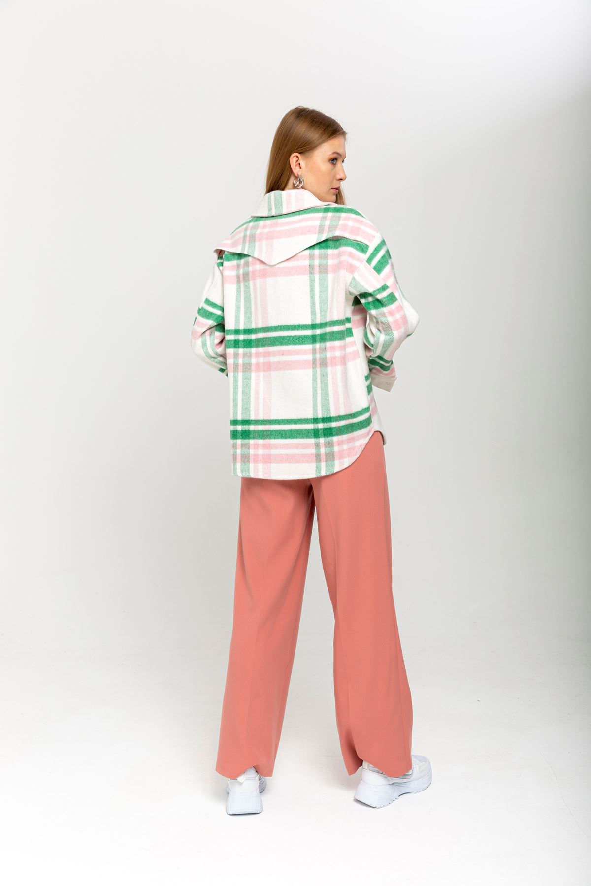 Lumberjack Fabric Long Sleeve Hip Height Oversize Striped Women'S Shirt - Green