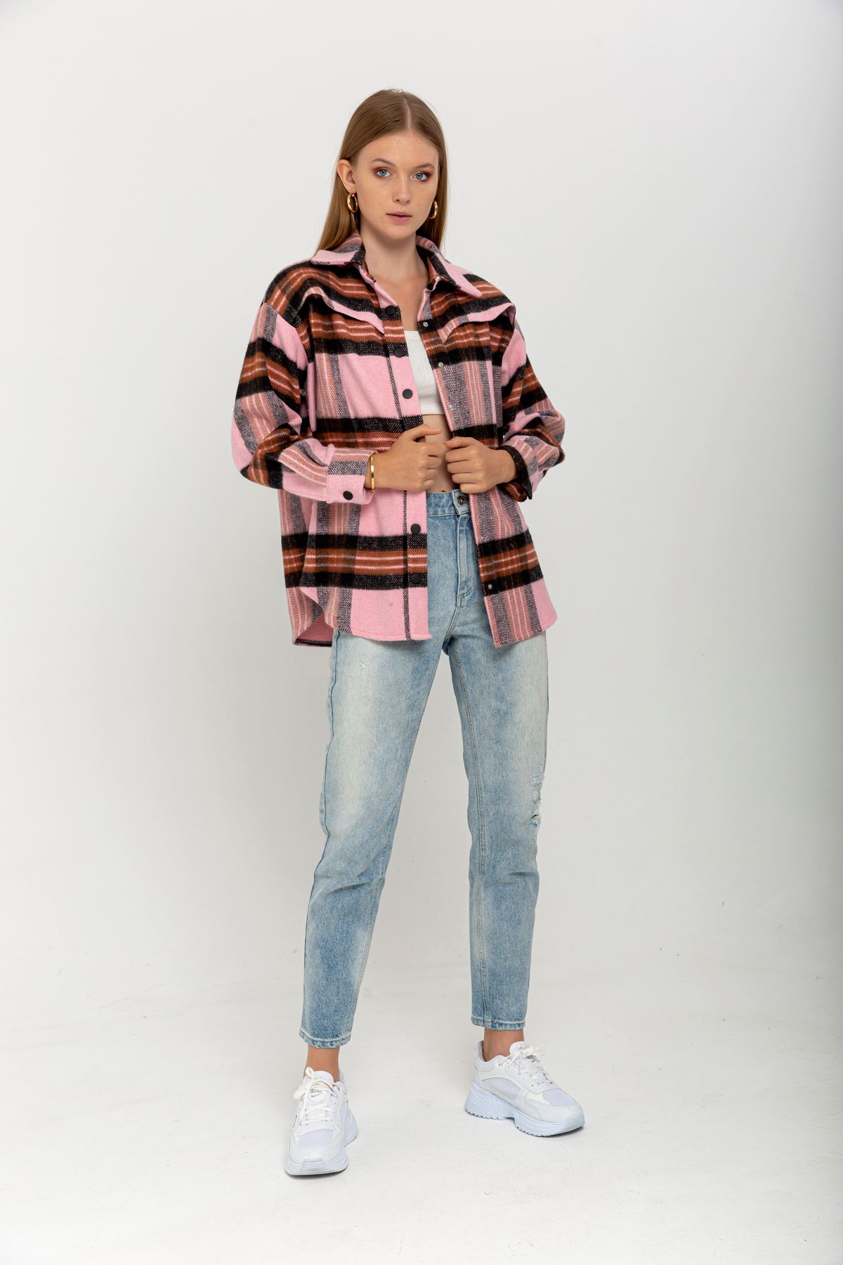 Lumberjack Fabric Long Sleeve Hip Height Oversize Striped Women'S Shirt - Light Pink