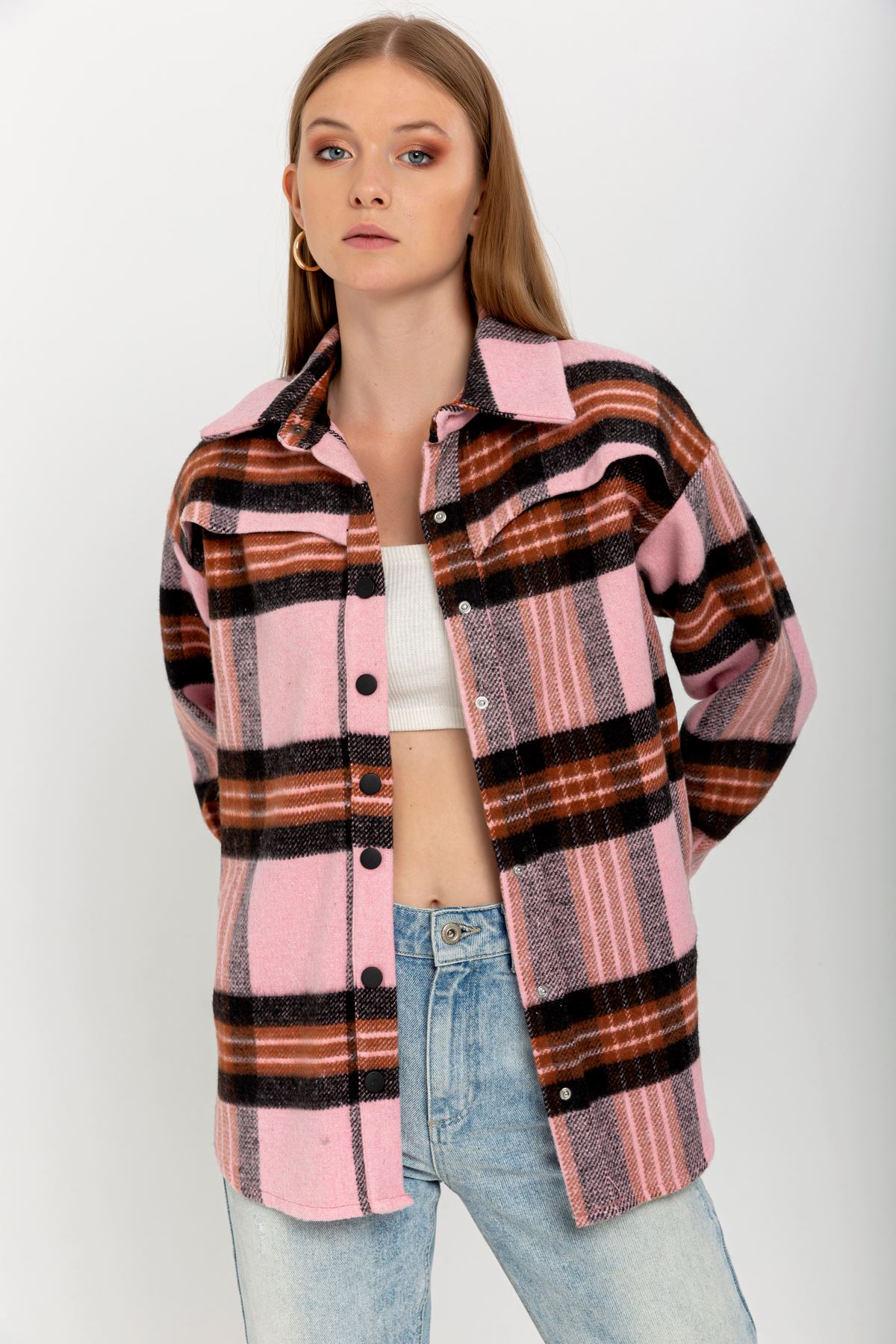 Lumberjack Fabric Long Sleeve Hip Height Oversize Striped Women'S Shirt - Light Pink