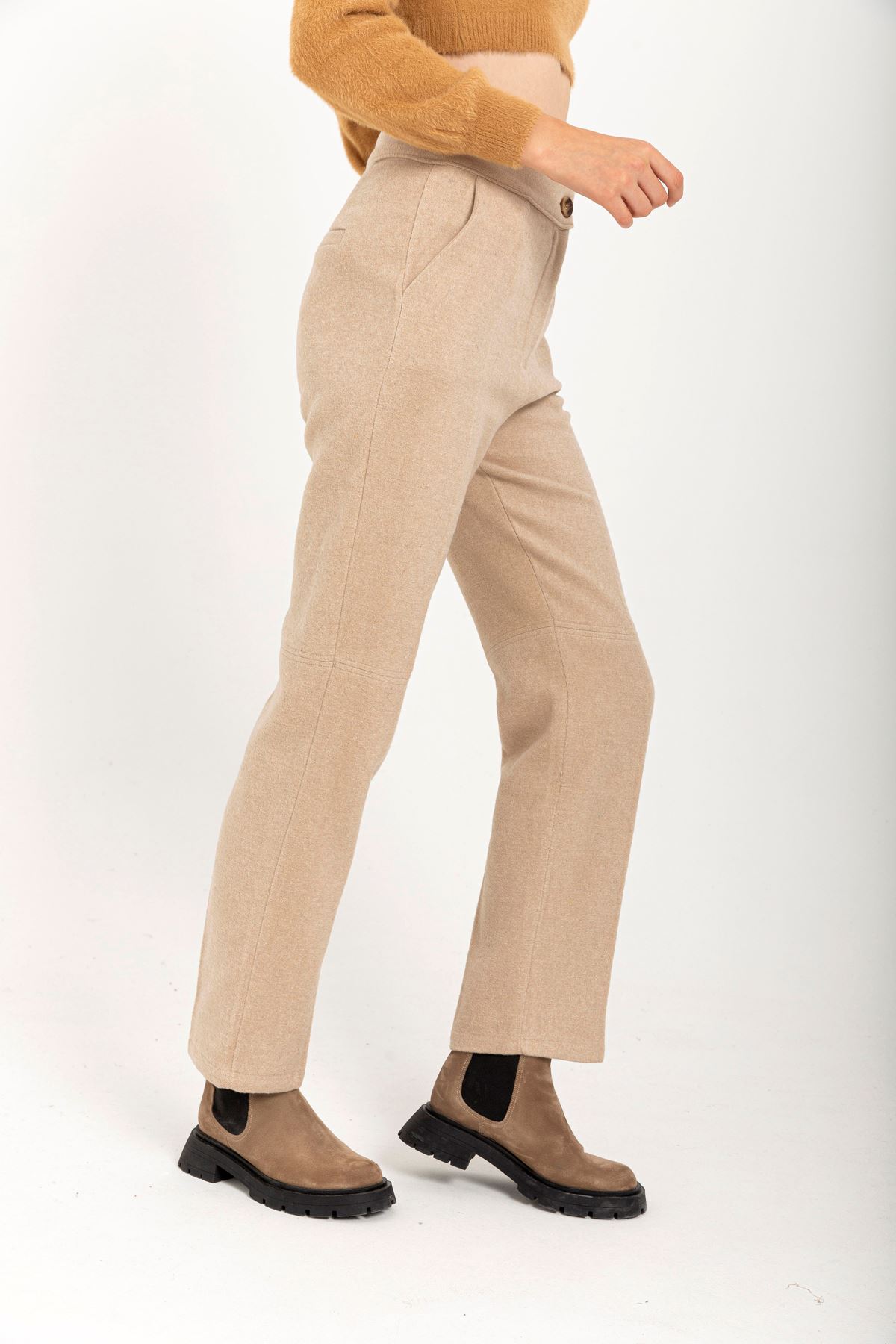 шерстяная ткань длинный джоггеры женские брюки - Бежевый