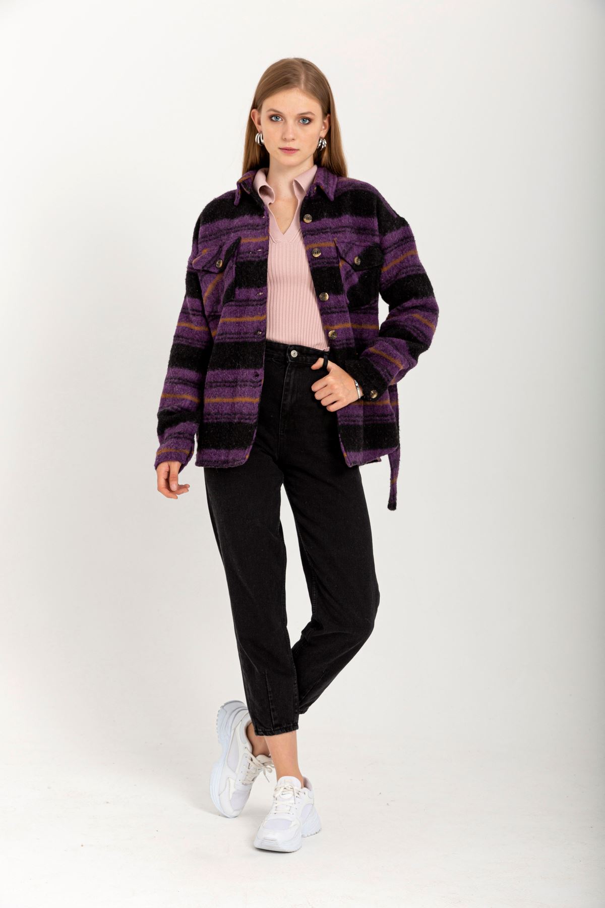 Long Sleeve Shirt Collar Full Fit Women Coat - Purple