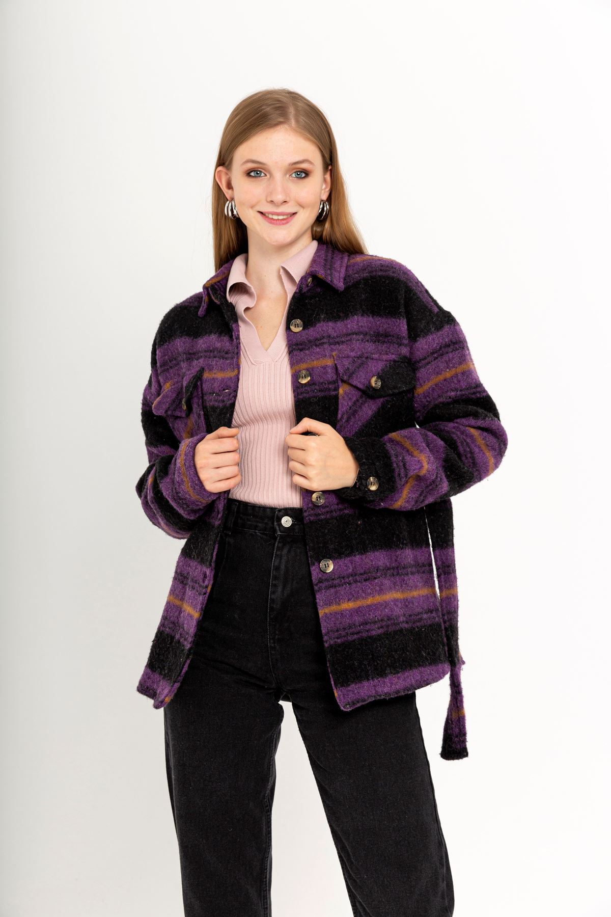 Long Sleeve Shirt Collar Full Fit Women Coat - Purple