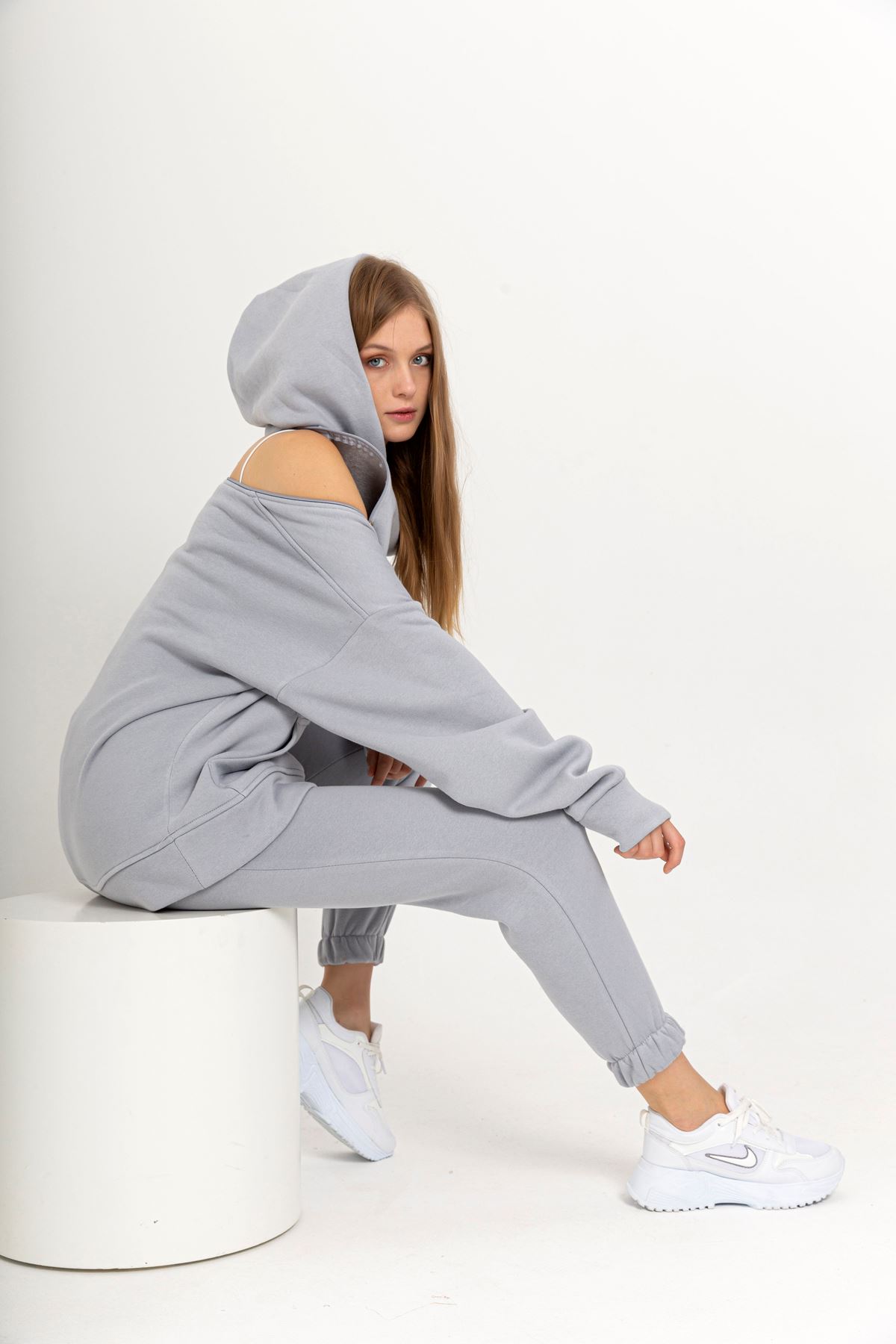 Thread Knit FabricLong Sleeve Hooded Below Hip Oversize Zip Women Sweatshirt - Grey