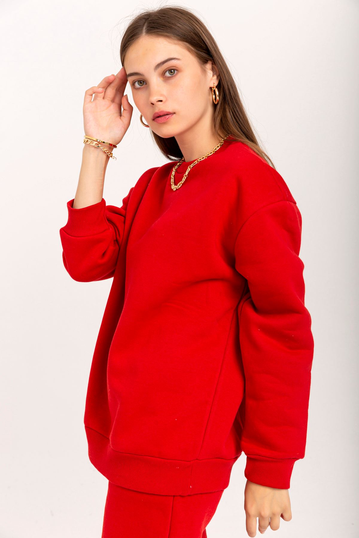 Third Knit With Wool İnside Fabric Long Sleeve Below Hip Women Sweatshirt - Red