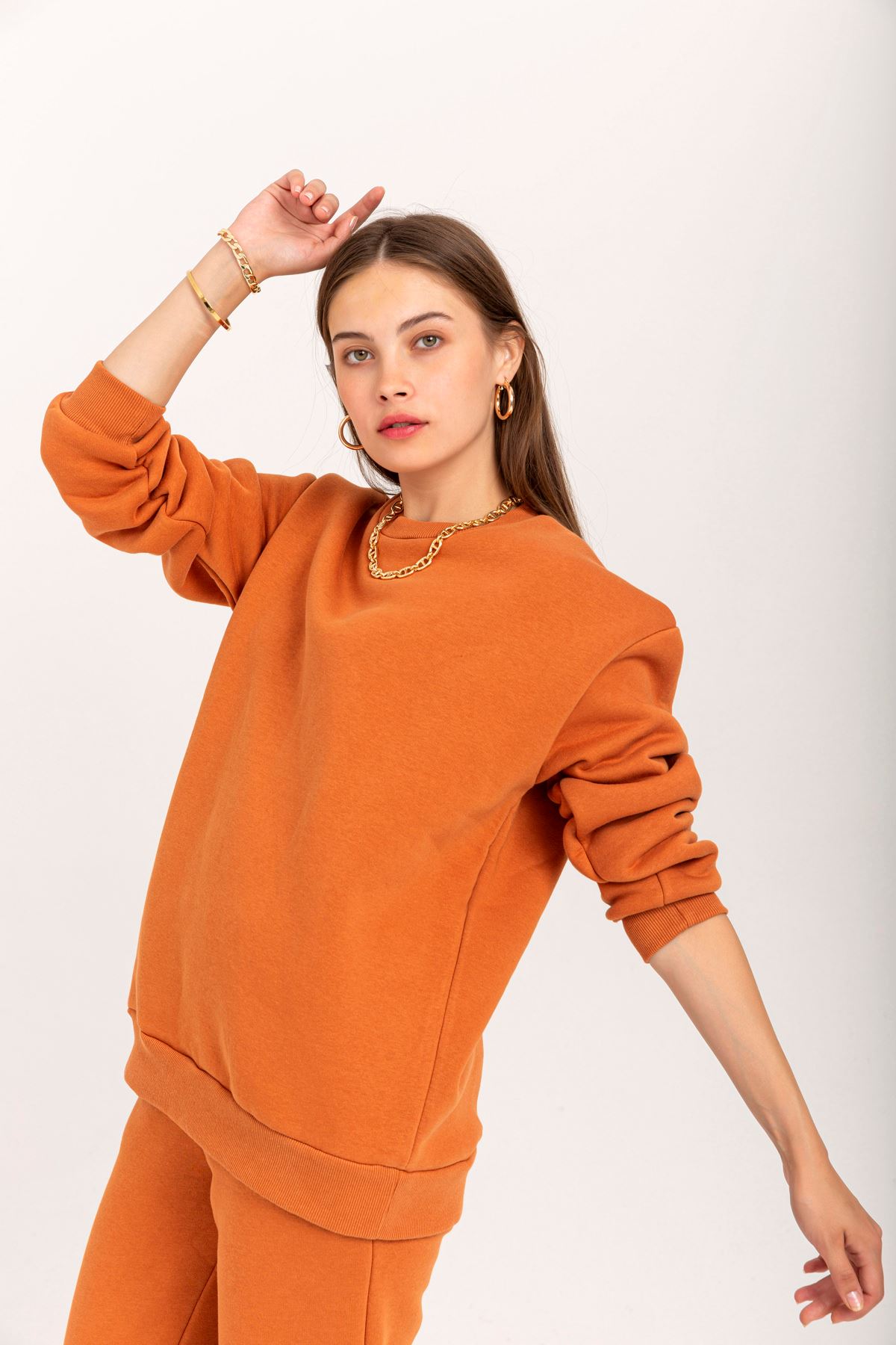 Third Knit With Wool İnside Fabric Long Sleeve Below Hip Women Sweatshirt - Cinnamon 