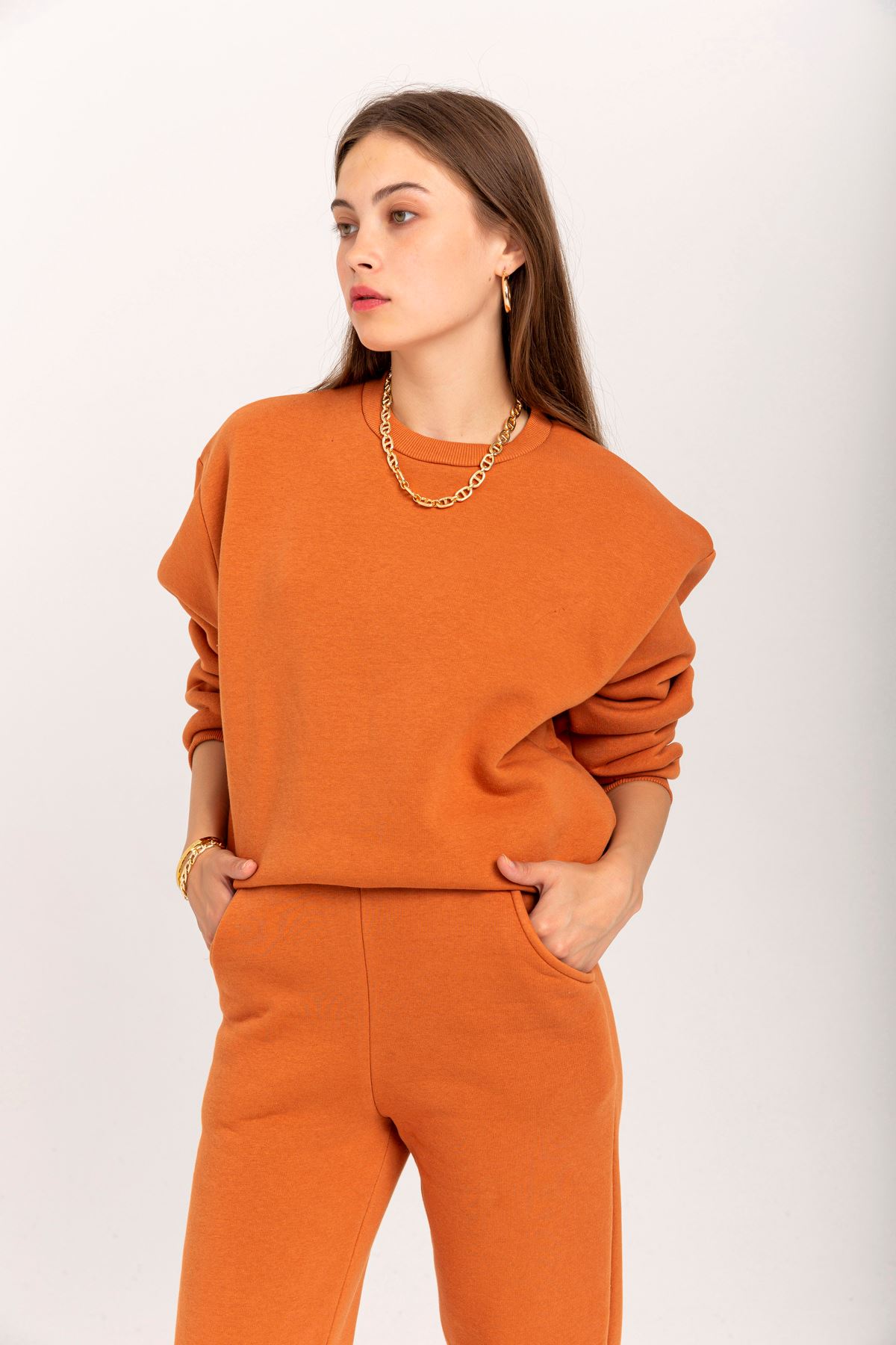 Third Knit With Wool İnside Fabric Long Sleeve Below Hip Women Sweatshirt - Cinnamon 
